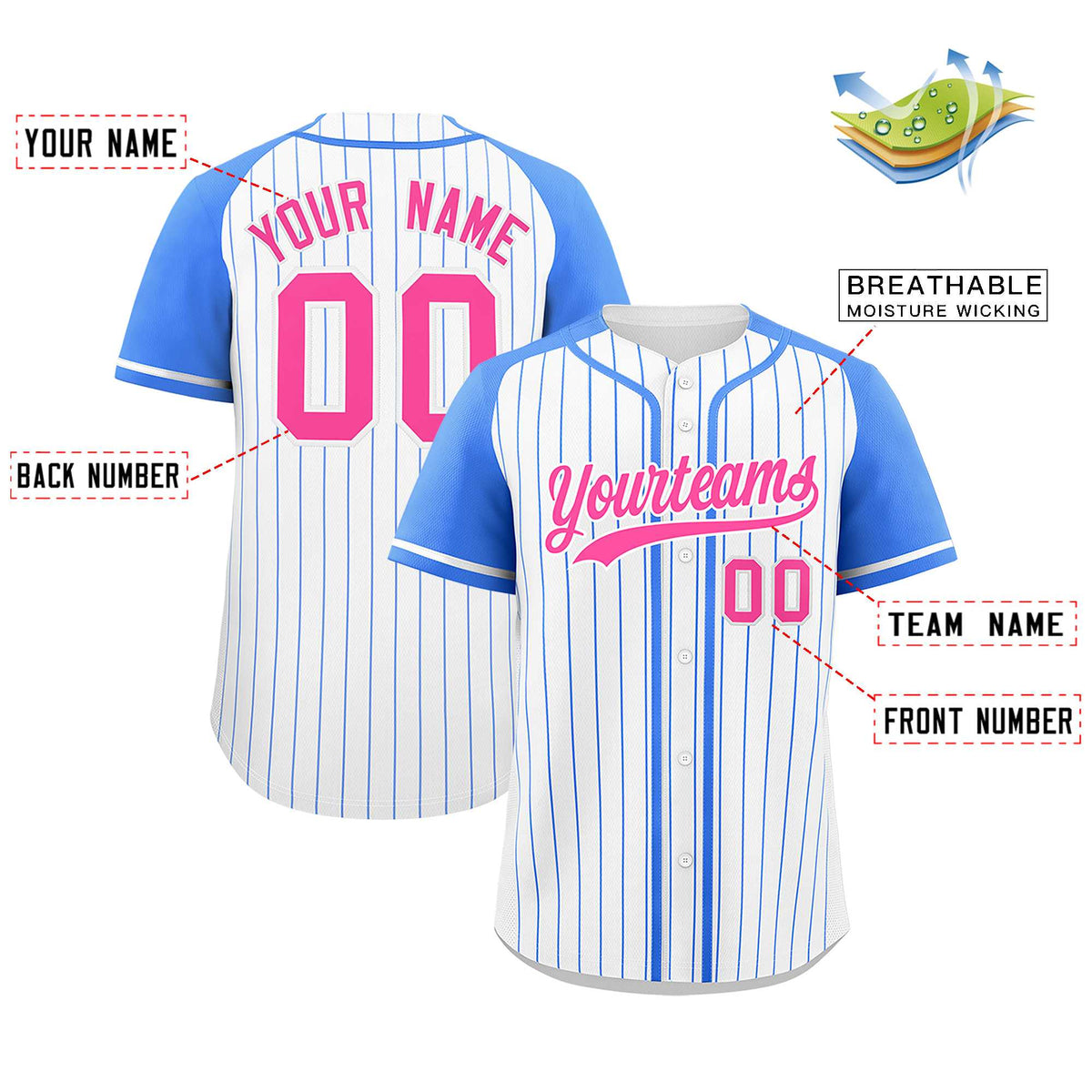 Custom White Powder Blue Stripe Fashion Raglan Sleeves Authentic Baseball Jersey