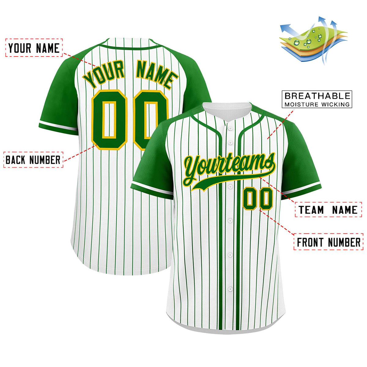 Custom White Kelly Green Stripe Fashion Raglan Sleeves Authentic Baseball Jersey