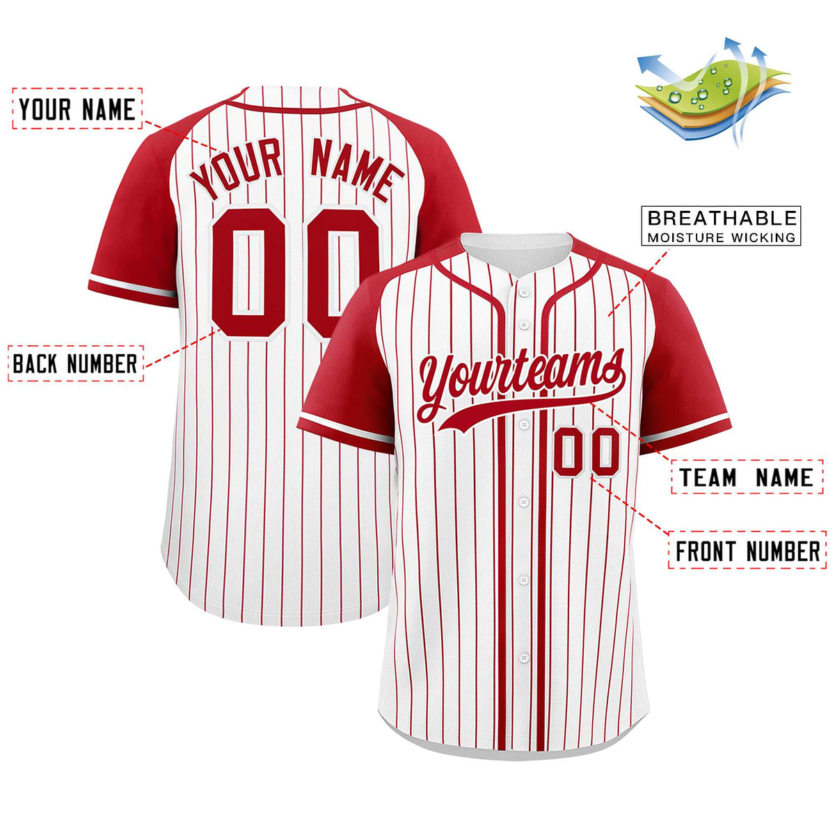 Custom White Red Stripe Fashion Raglan Sleeves Authentic Baseball Jersey