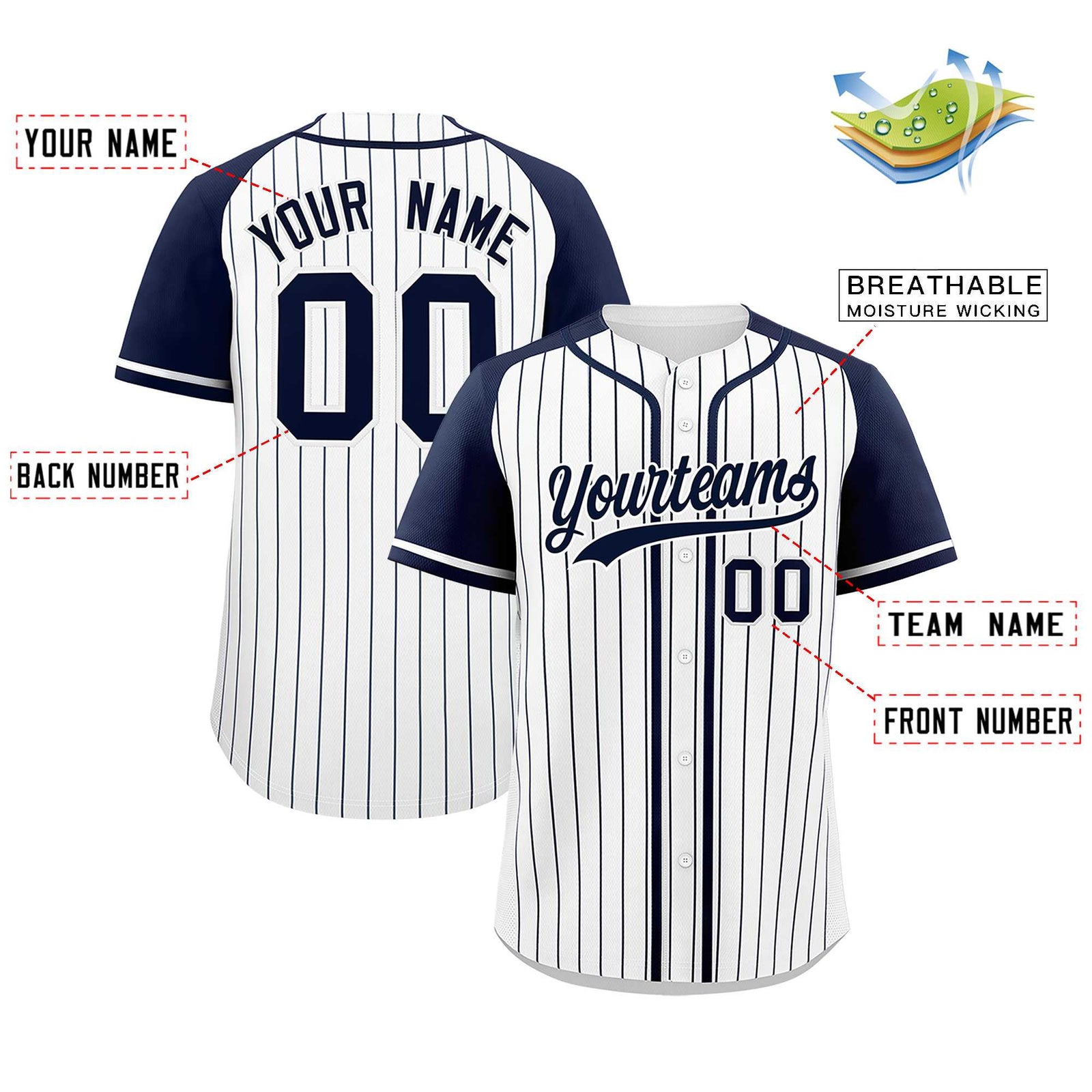 Custom White Navy Stripe Fashion Raglan Sleeves Authentic Baseball Jersey