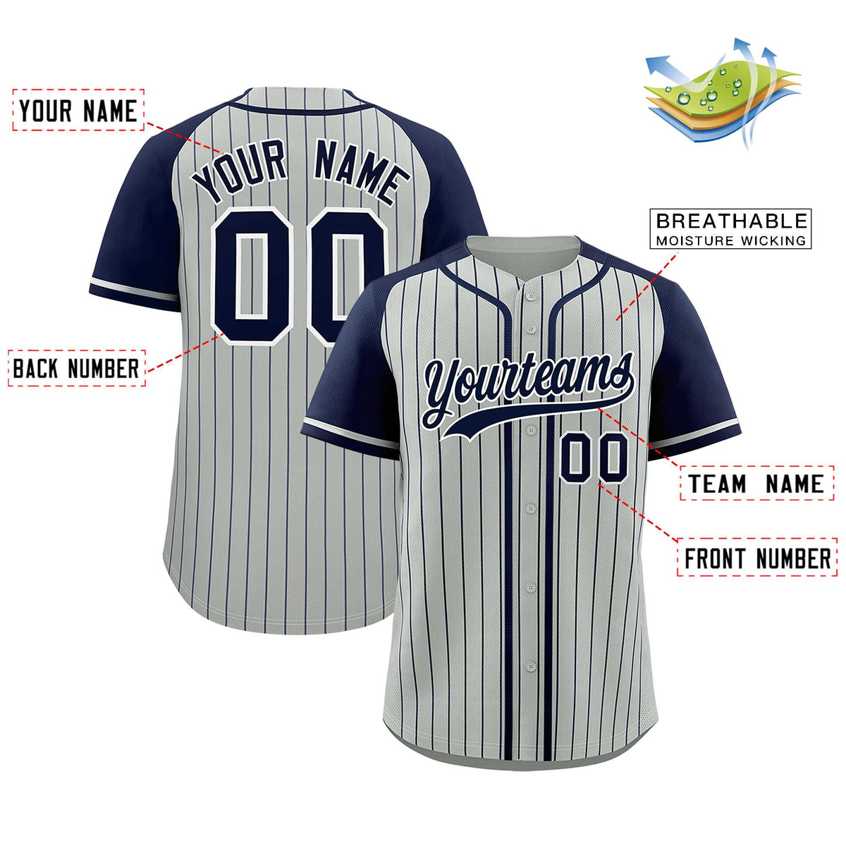 Custom Gray Navy Stripe Fashion Raglan Sleeves Authentic Baseball Jersey