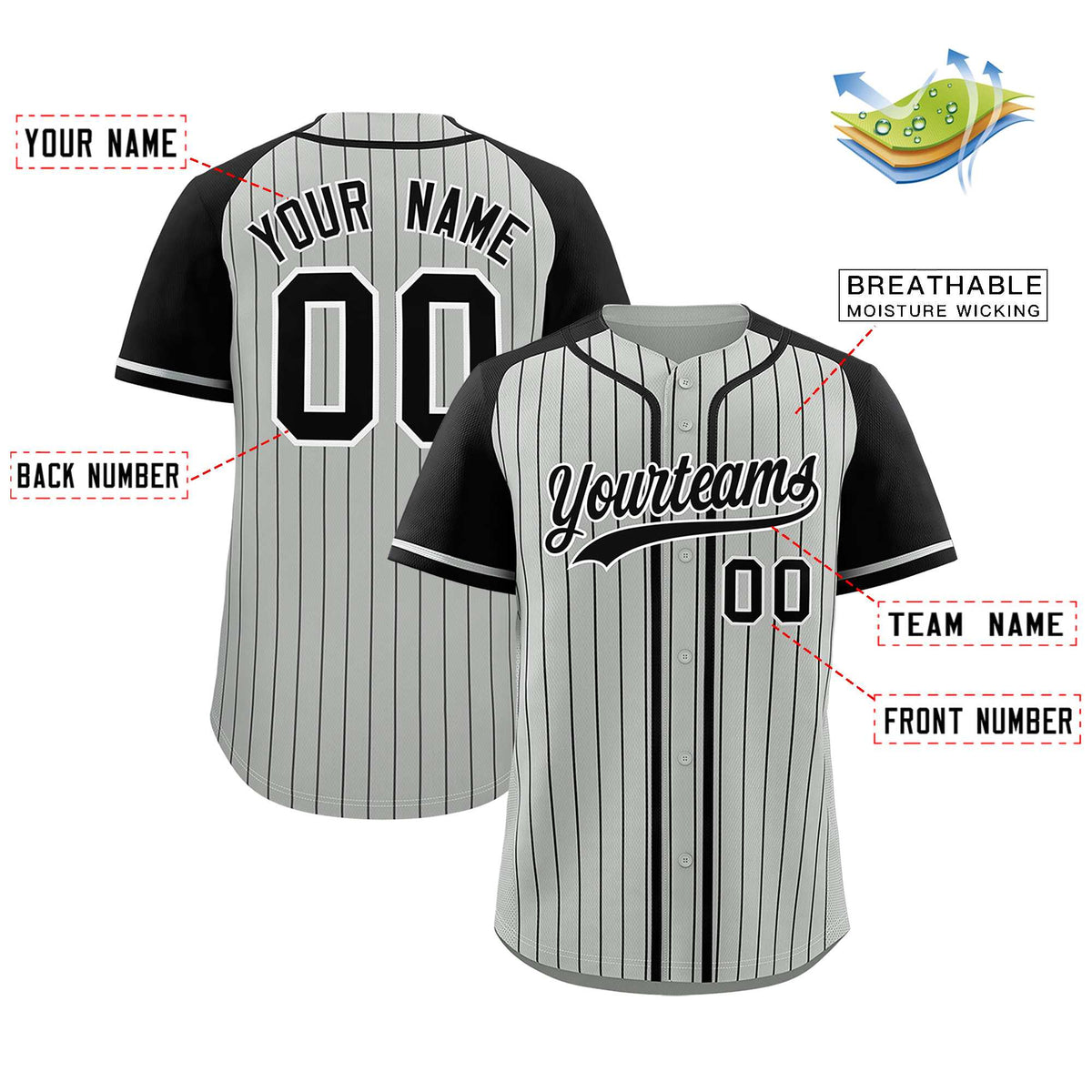 Custom Gray Black Stripe Fashion Raglan Sleeves Authentic Baseball Jersey