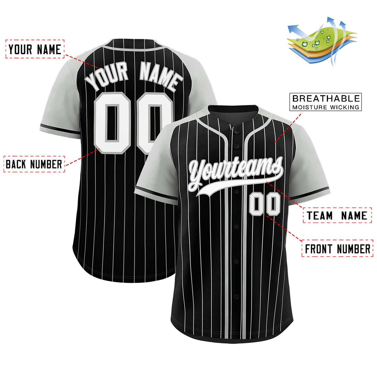 Custom Black Gray Stripe Fashion Raglan Sleeves Authentic Baseball Jersey
