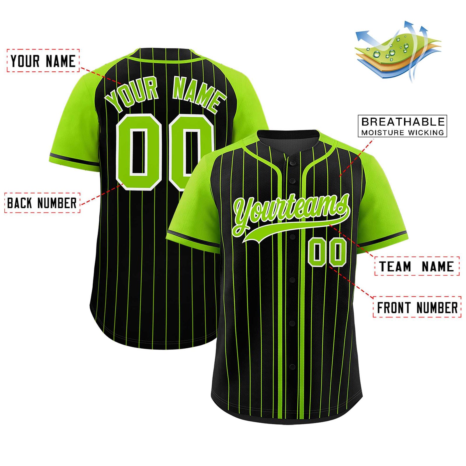 Custom Black Neon Green Stripe Fashion Raglan Sleeves Authentic Baseball Jersey