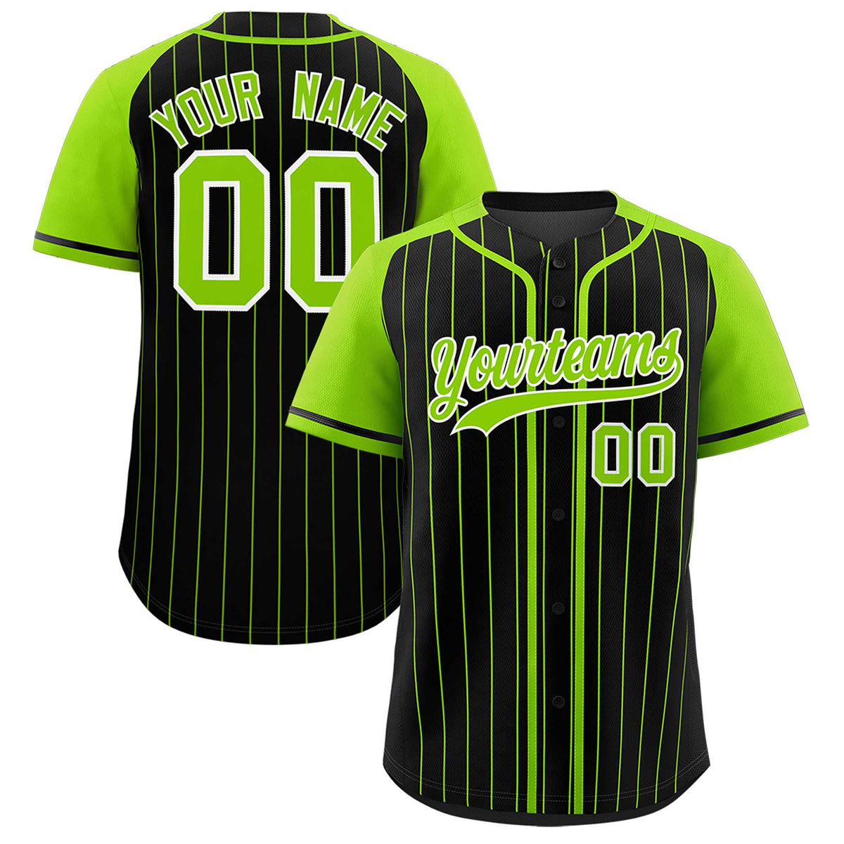 Custom Black Neon Green Stripe Fashion Raglan Sleeves Authentic Baseball Jersey