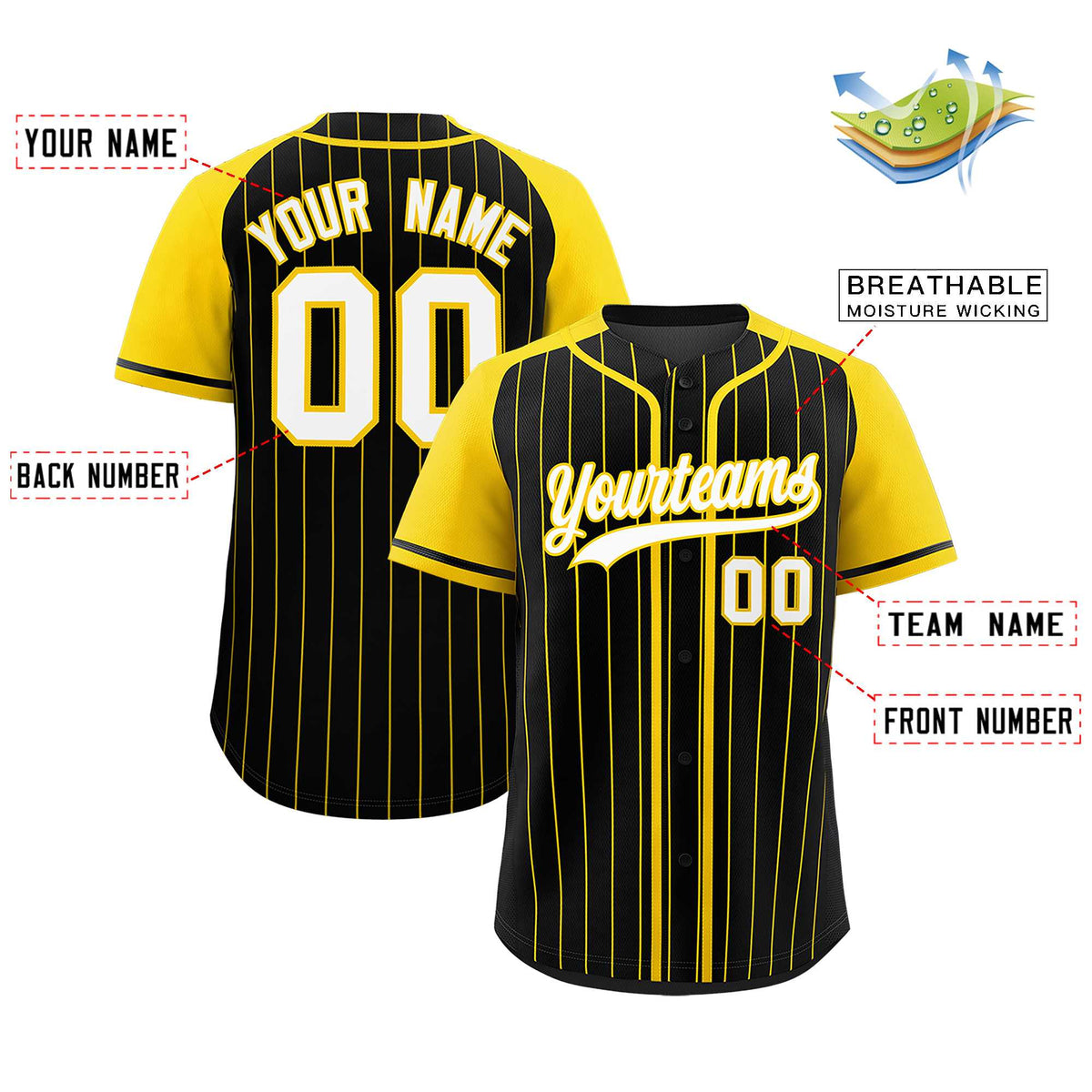 Custom Black Gold Stripe Fashion Raglan Sleeves Authentic Baseball Jersey