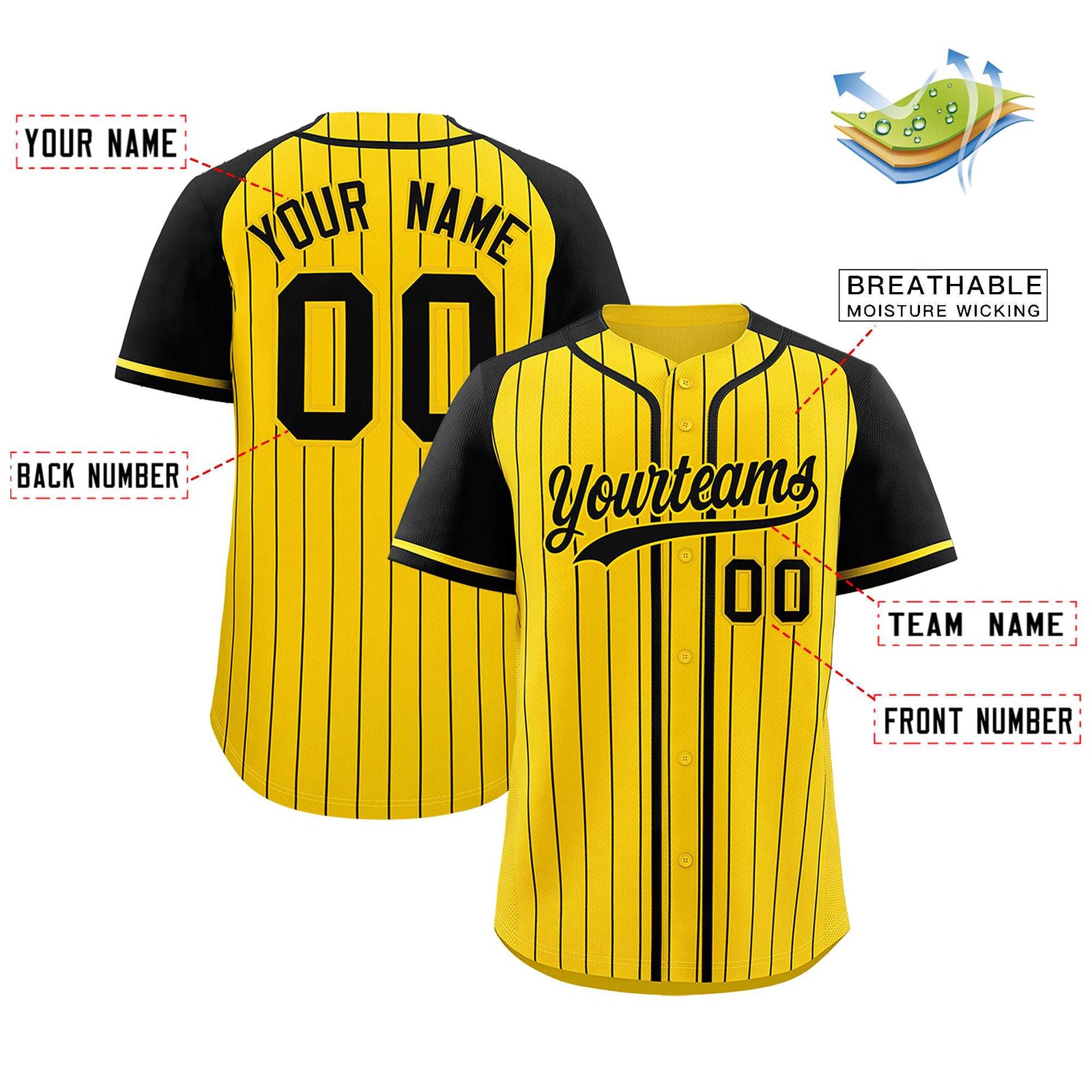 Custom Gold Black Stripe Fashion Raglan Sleeves Authentic Baseball Jersey