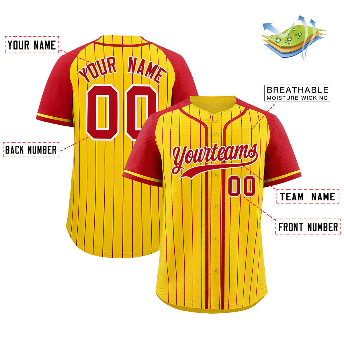 Custom Gold Red Stripe Fashion Raglan Sleeves Authentic Baseball Jersey