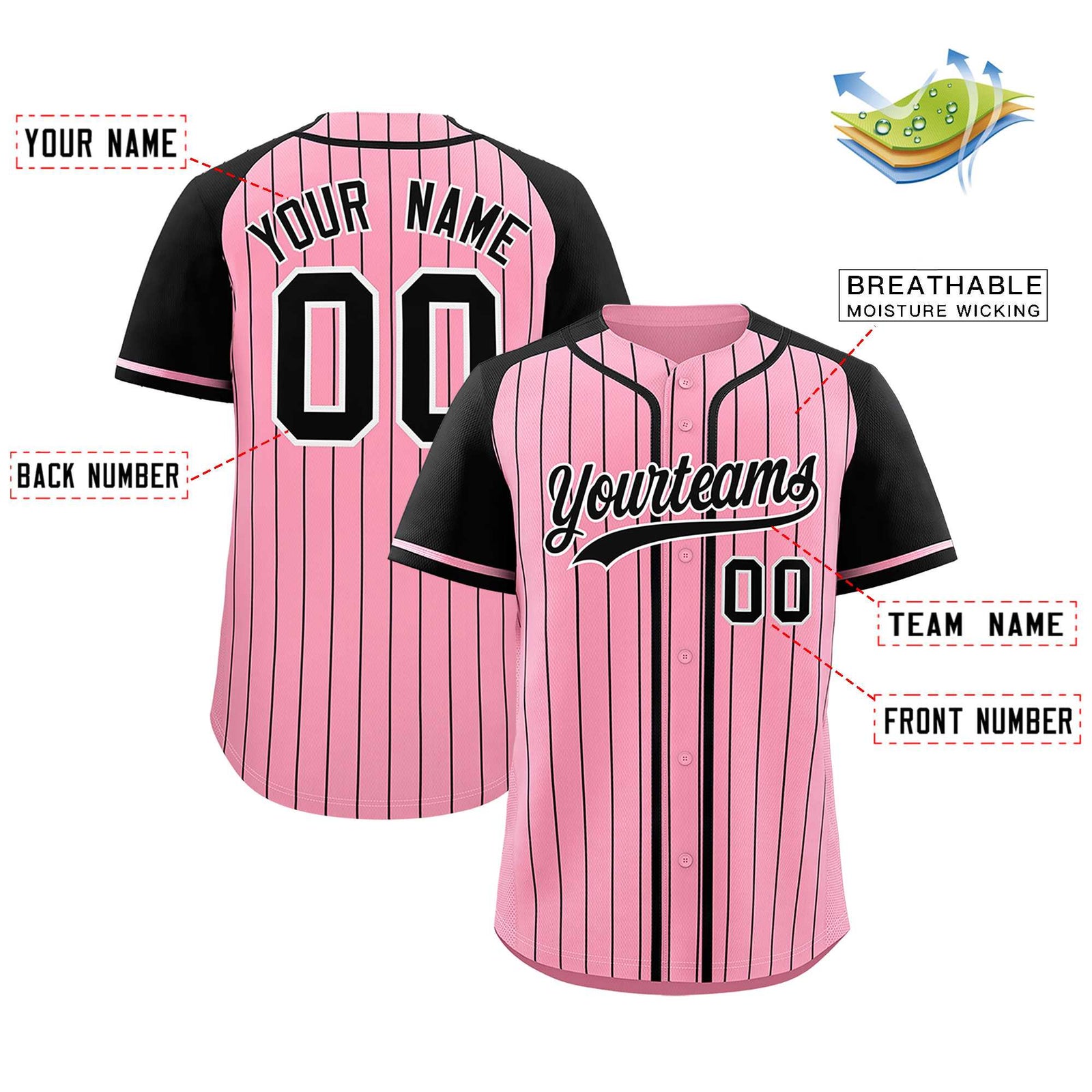 Custom Light Pink Black Stripe Fashion Raglan Sleeves Authentic Baseball Jersey