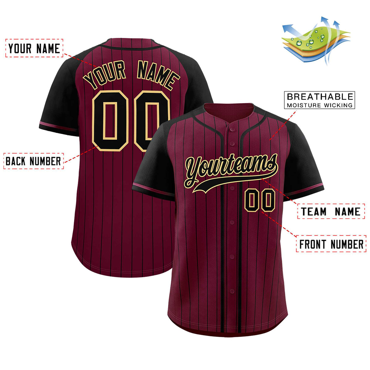 Custom Crimson Black Stripe Fashion Raglan Sleeves Authentic Baseball Jersey