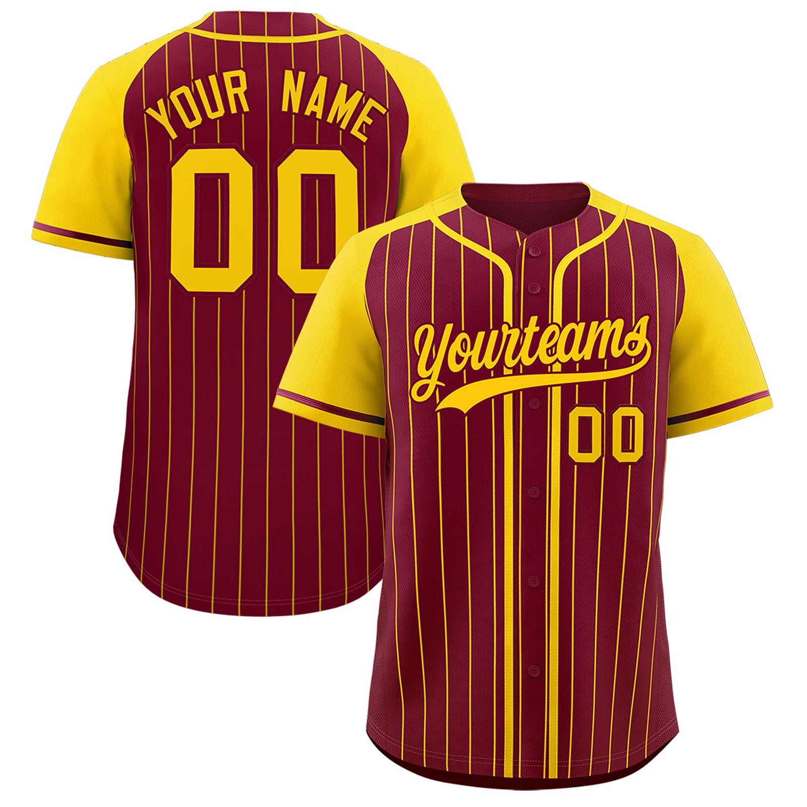 Custom Crimson Gold Stripe Fashion Raglan Sleeves Authentic Baseball Jersey