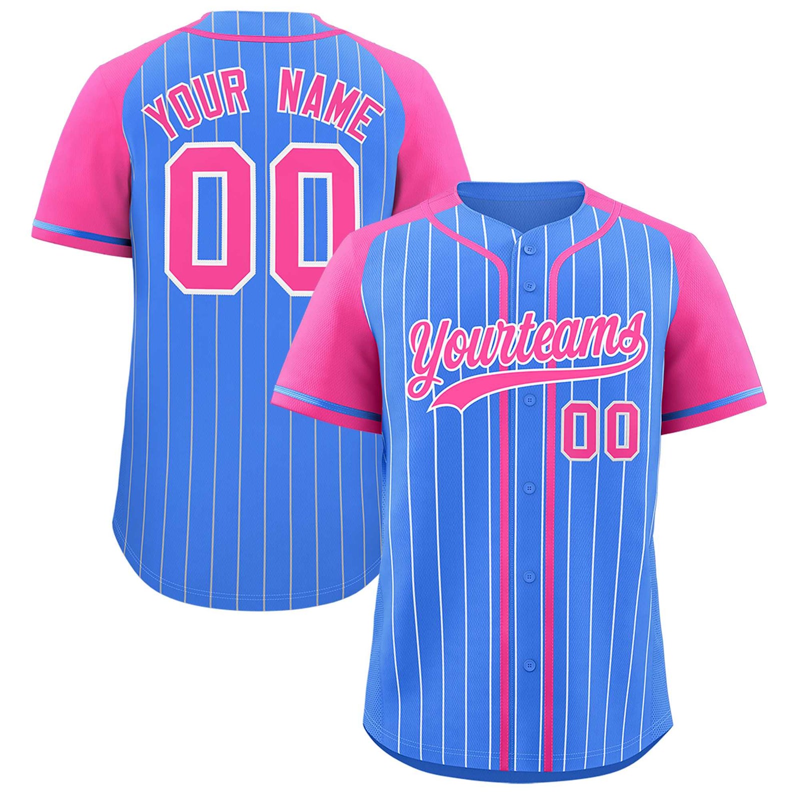 Custom Powder Blue Pink Stripe Fashion Raglan Sleeves Authentic Baseball Jersey