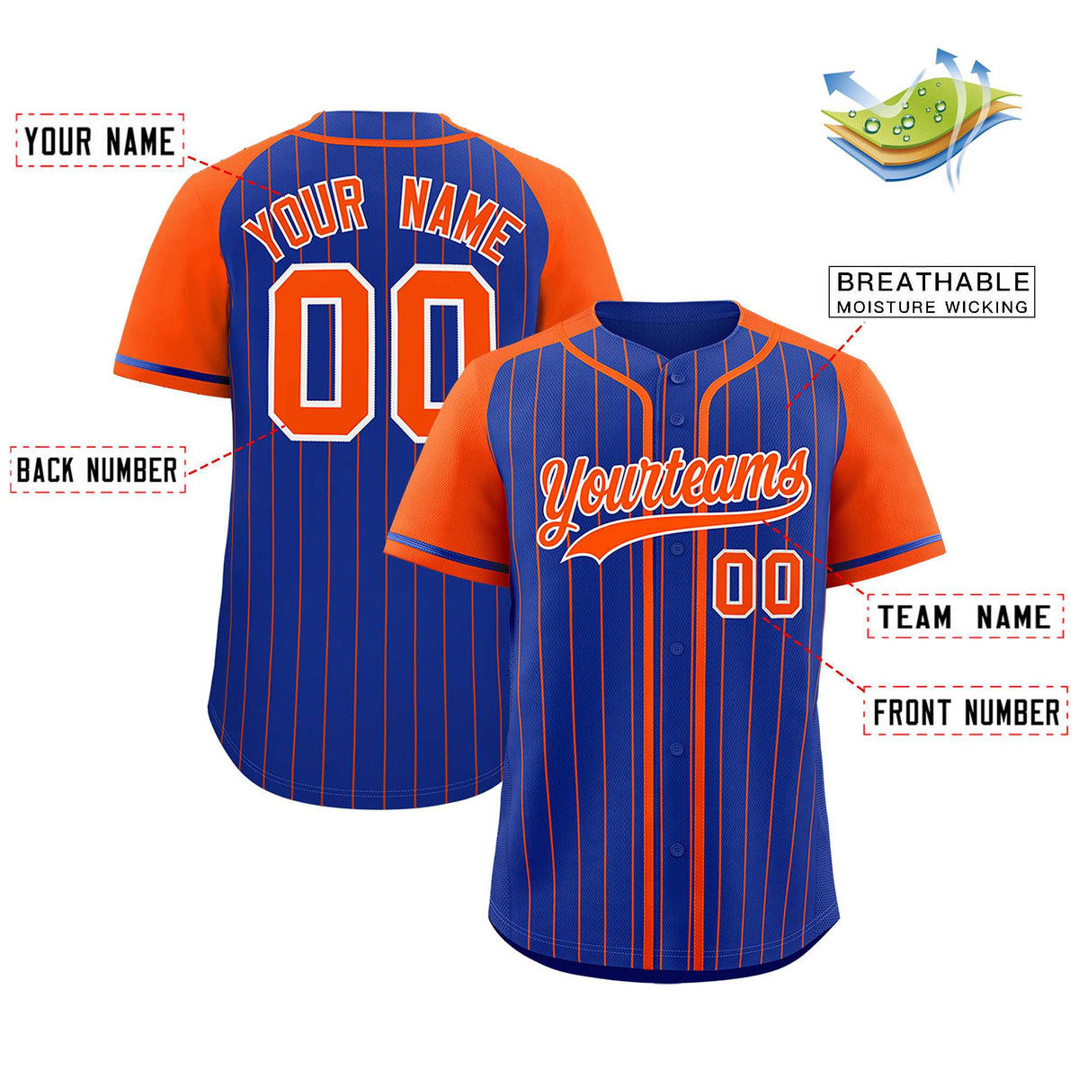 Custom Royal Orange Stripe Fashion Raglan Sleeves Authentic Baseball Jersey