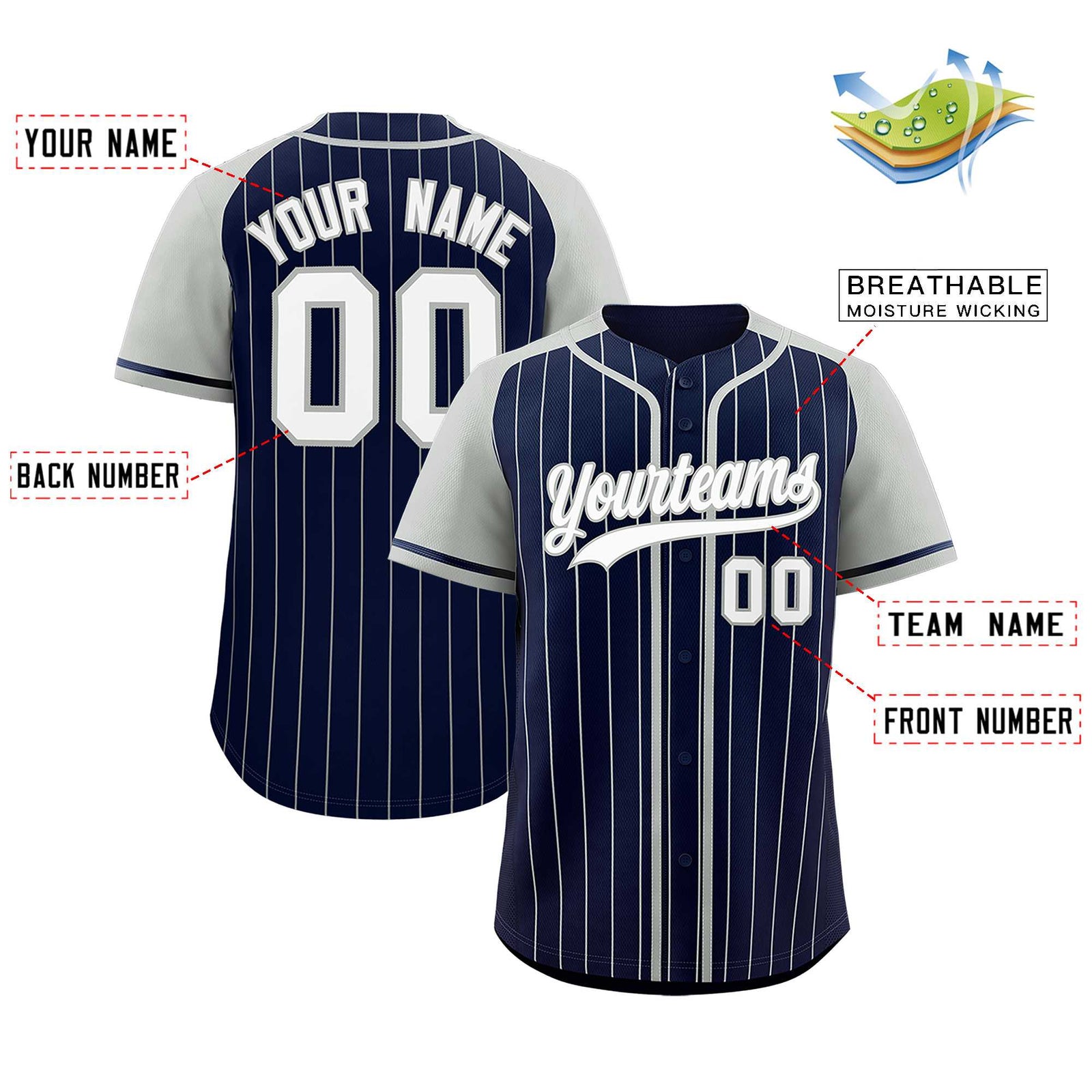 Custom Navy Gray Stripe Fashion Raglan Sleeves Authentic Baseball Jersey