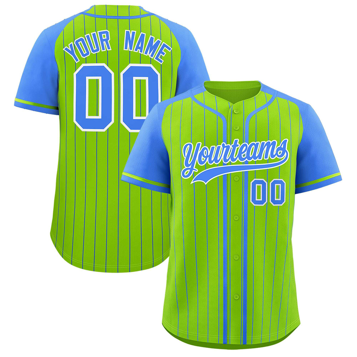 Custom Neon Green Powder Blue Stripe Fashion Raglan Sleeves Authentic Baseball Jersey