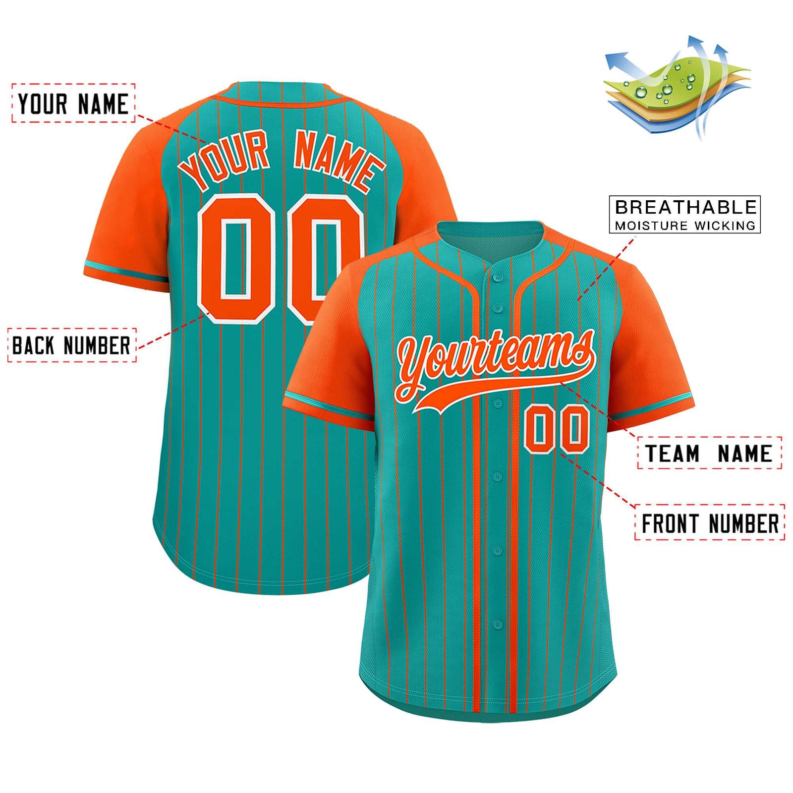 Custom Aqua Orange Stripe Fashion Raglan Sleeves Authentic Baseball Jersey