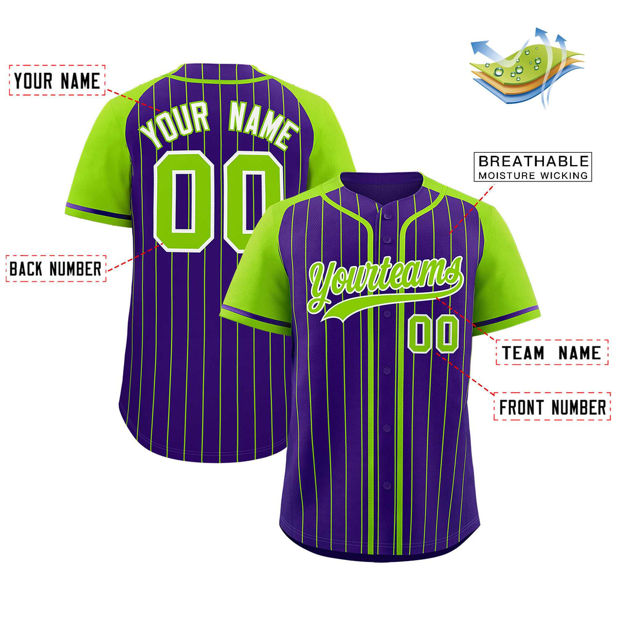 Custom Purple Neon Green Stripe Fashion Raglan Sleeves Authentic Baseball Jersey
