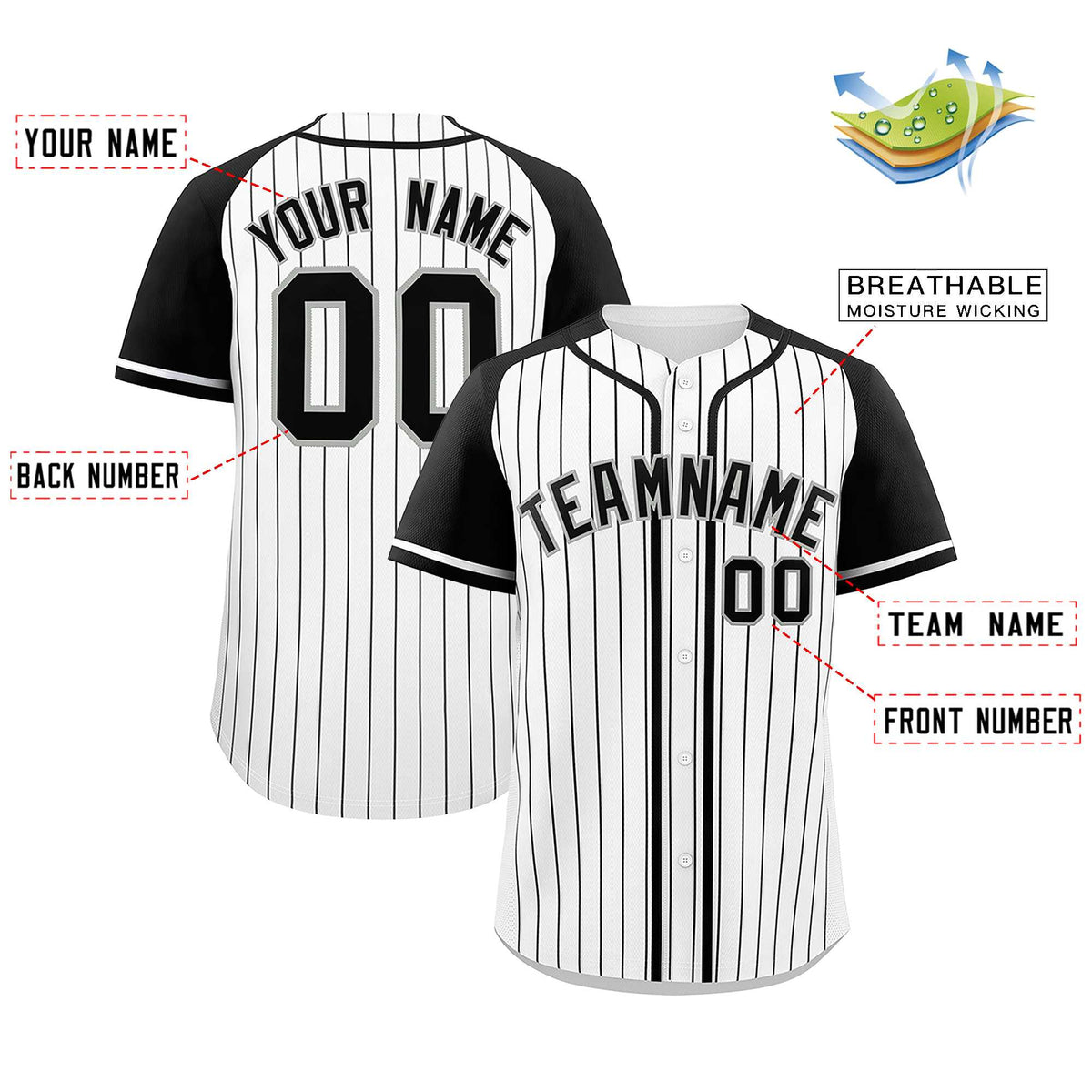 Custom White Black Stripe Fashion Raglan Sleeves Authentic Baseball Jersey