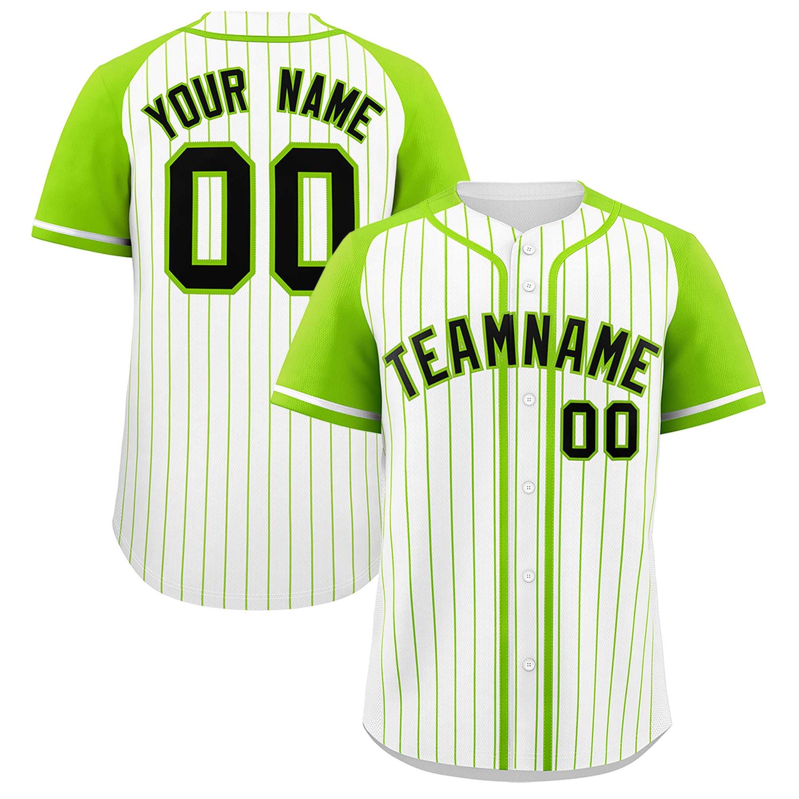 Custom White Neon Green Stripe Fashion Raglan Sleeves Authentic Baseball Jersey