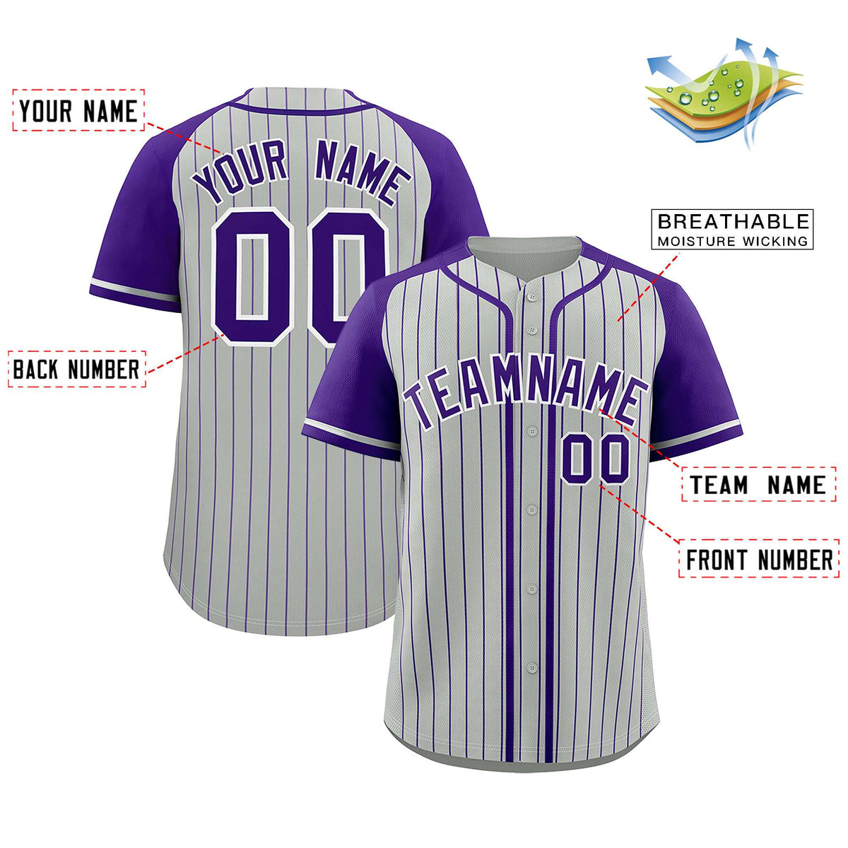 Custom Gray Purple Stripe Fashion Raglan Sleeves Authentic Baseball Jersey