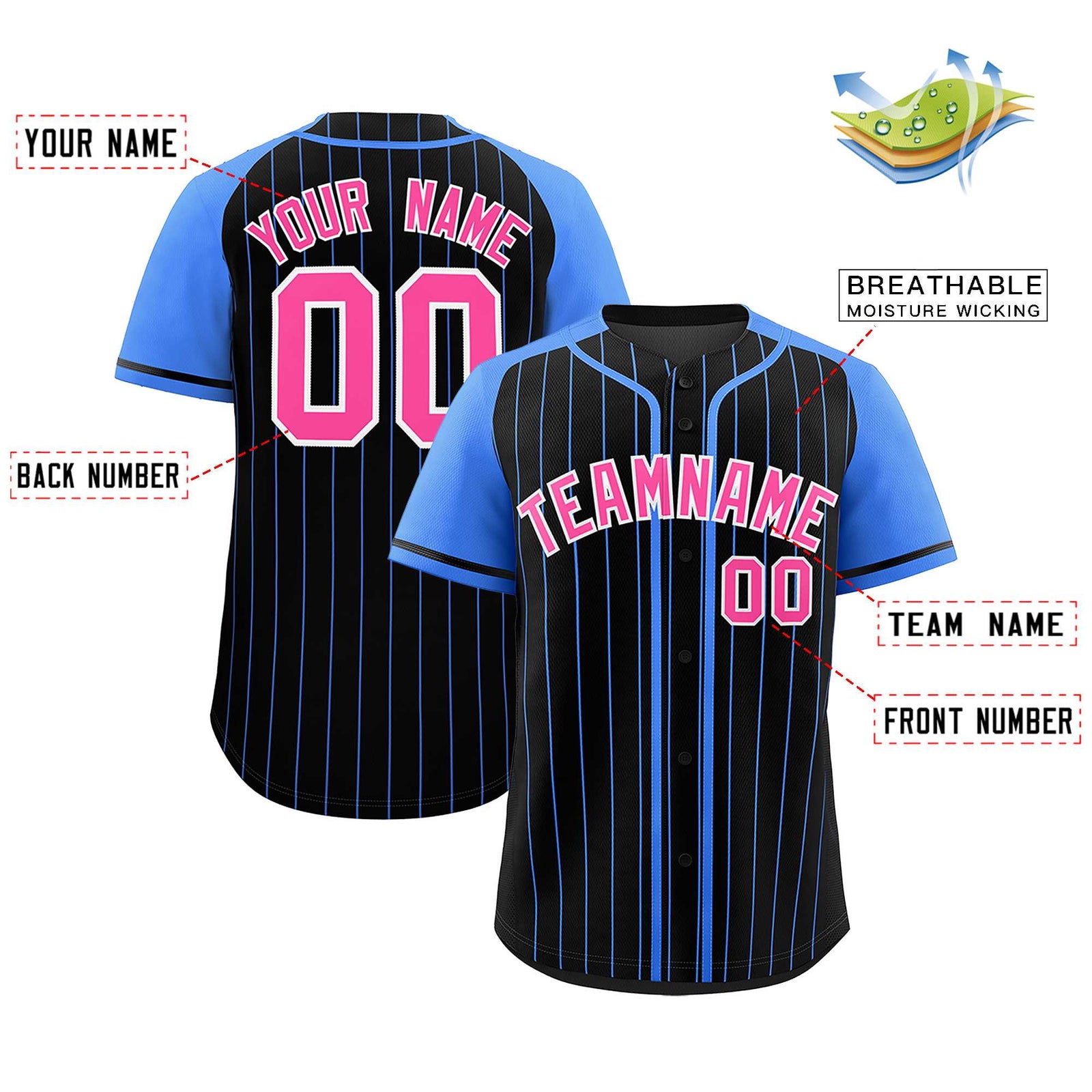 Custom Black Powder Blue Stripe Fashion Raglan Sleeves Authentic Baseball Jersey