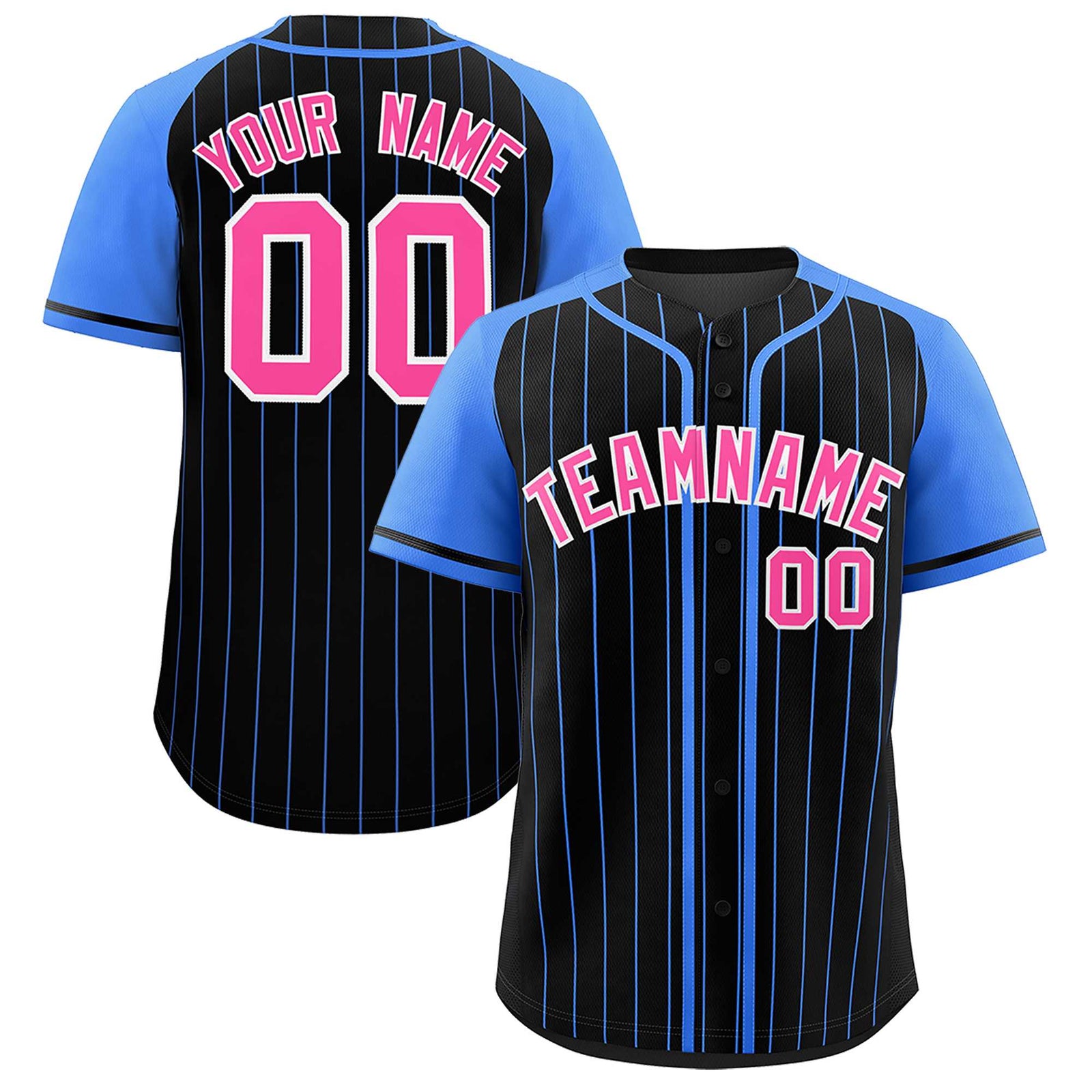 Custom Black Powder Blue Stripe Fashion Raglan Sleeves Authentic Baseball Jersey