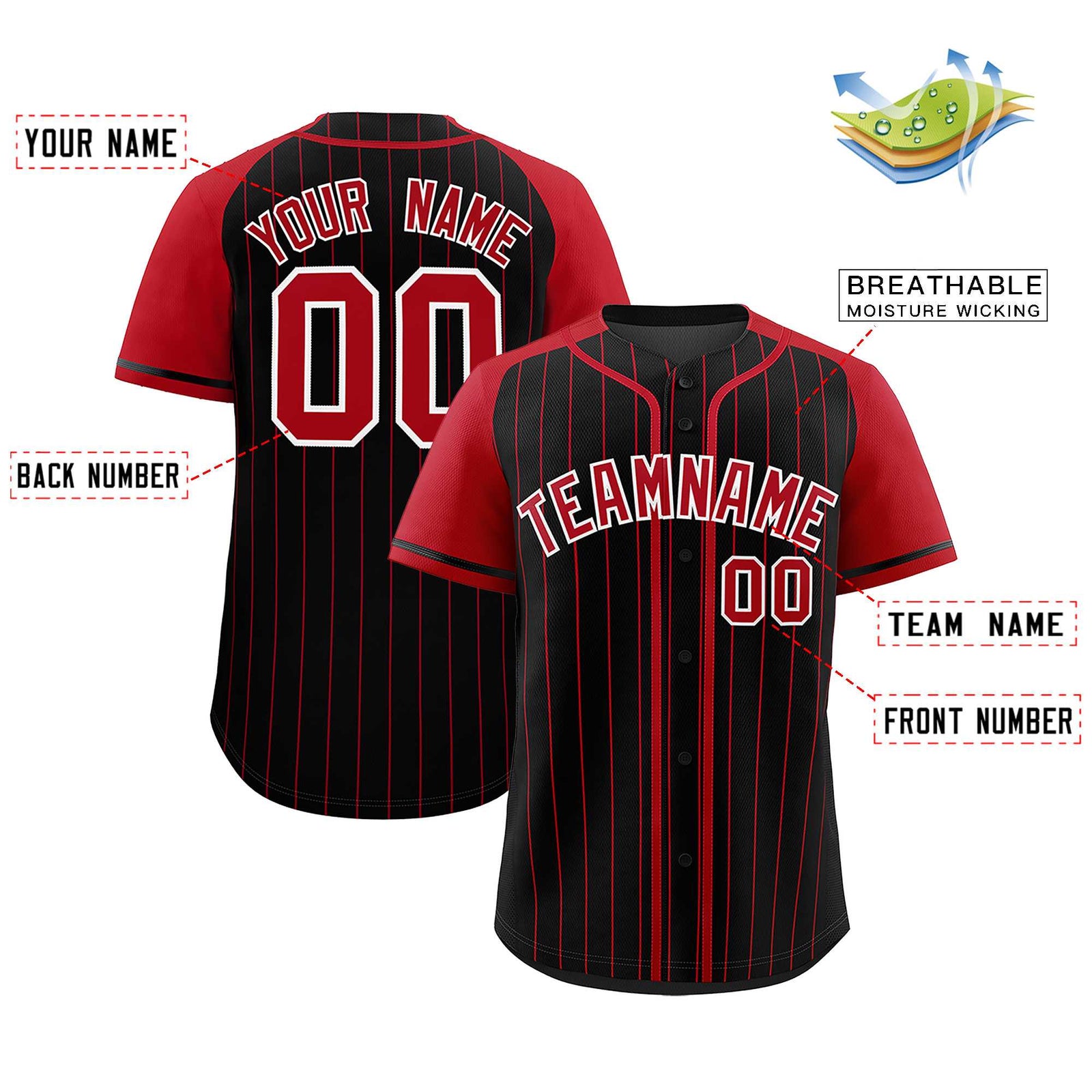 Custom Black Red Stripe Fashion Raglan Sleeves Authentic Baseball Jersey