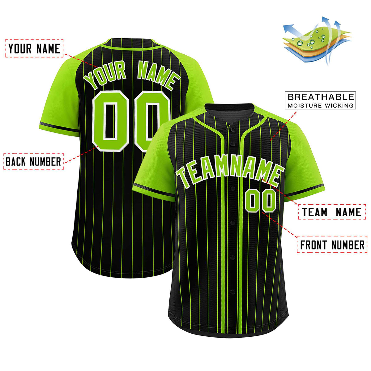 Custom Black Neon Green Stripe Fashion Raglan Sleeves Authentic Baseball Jersey