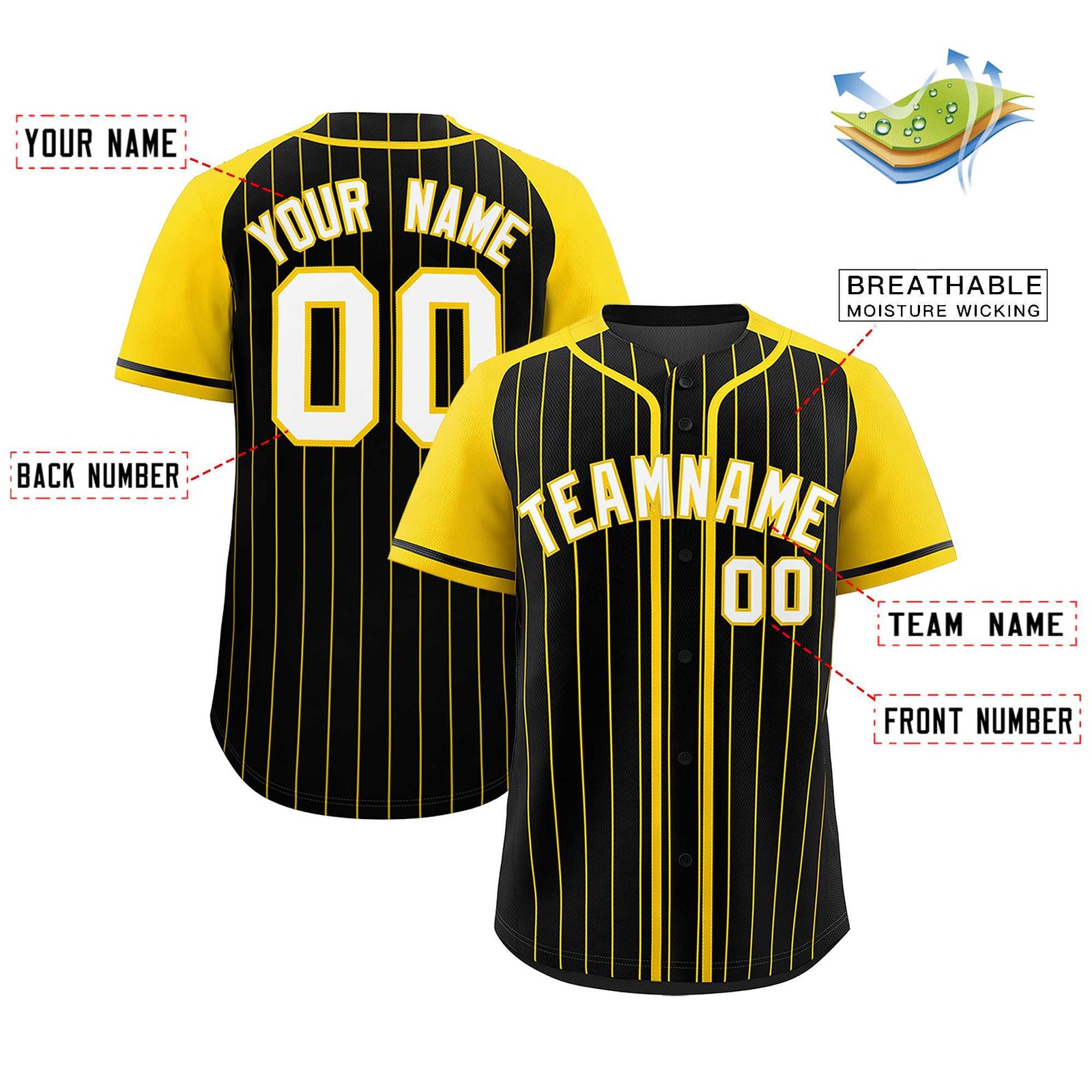 Custom Black Gold Stripe Fashion Raglan Sleeves Authentic Baseball Jersey