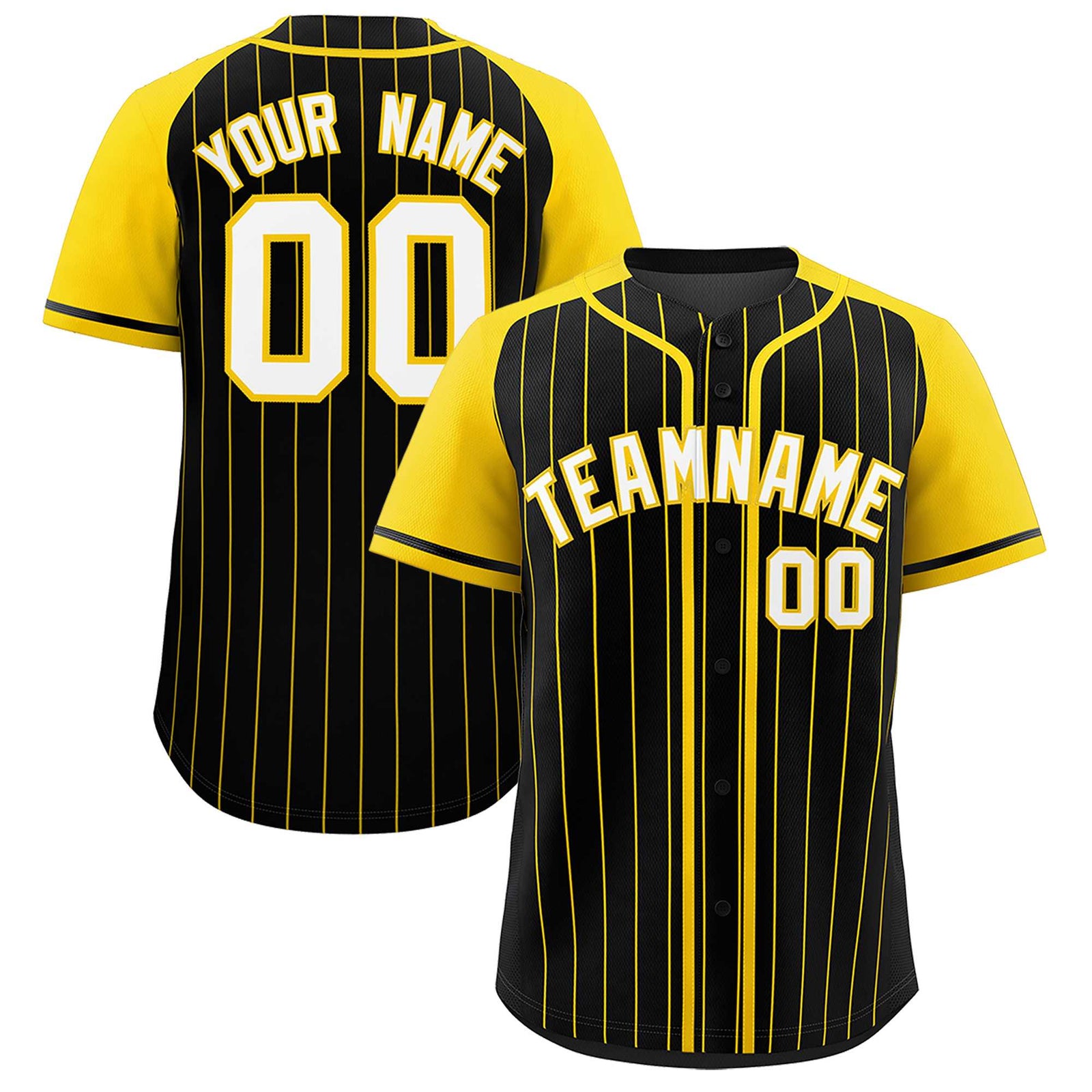 Custom Black Gold Stripe Fashion Raglan Sleeves Authentic Baseball Jersey