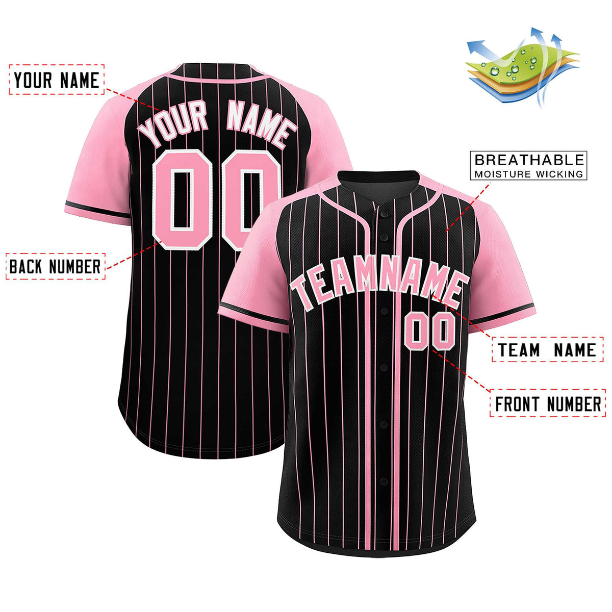 Custom Black Light Pink Stripe Fashion Raglan Sleeves Authentic Baseball Jersey