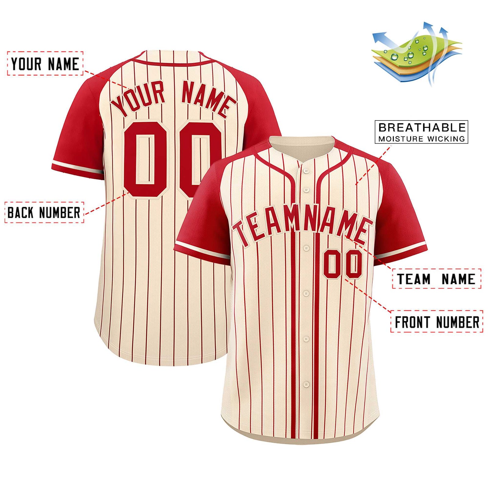 Custom Cream Red Stripe Fashion Raglan Sleeves Authentic Baseball Jersey