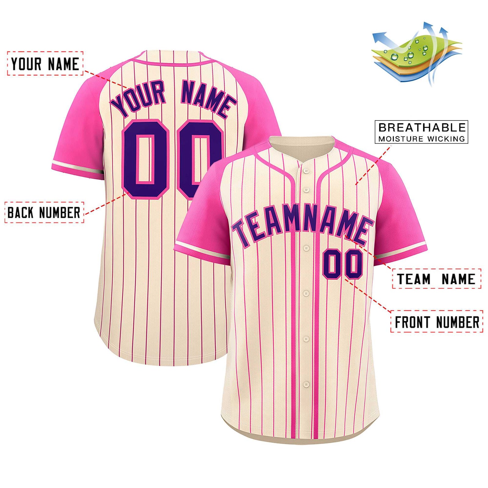 Custom Cream Pink Stripe Fashion Raglan Sleeves Authentic Baseball Jersey