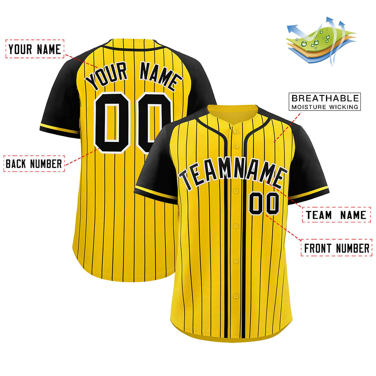 Custom Gold Black Stripe Fashion Raglan Sleeves Authentic Baseball Jersey