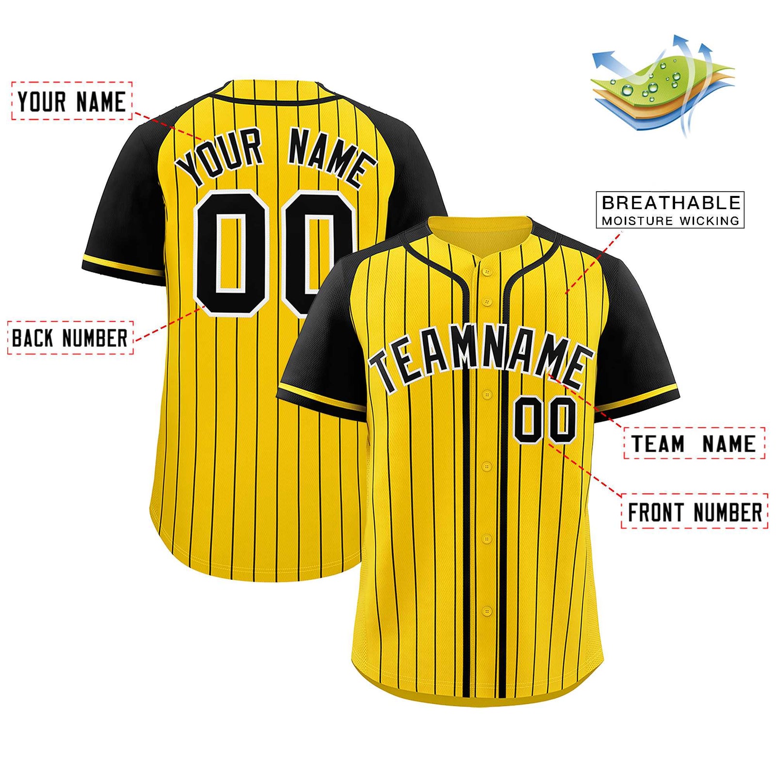Custom Gold Black Stripe Fashion Raglan Sleeves Authentic Baseball Jersey