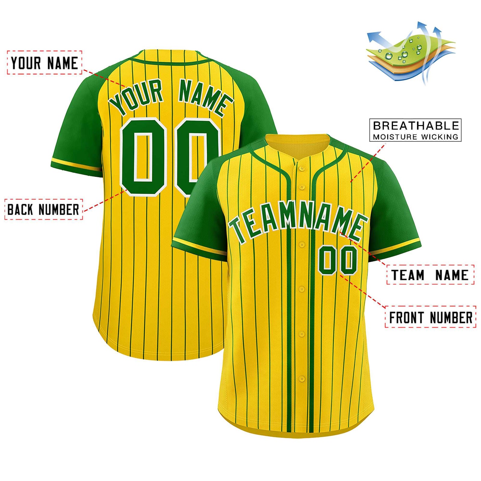 Custom Gold Kelly Green Stripe Fashion Raglan Sleeves Authentic Baseball Jersey