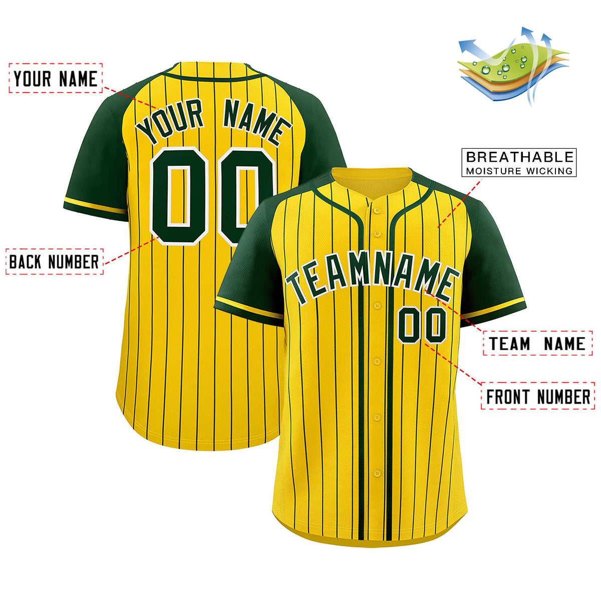 Custom Gold Green Stripe Fashion Raglan Sleeves Authentic Baseball Jersey
