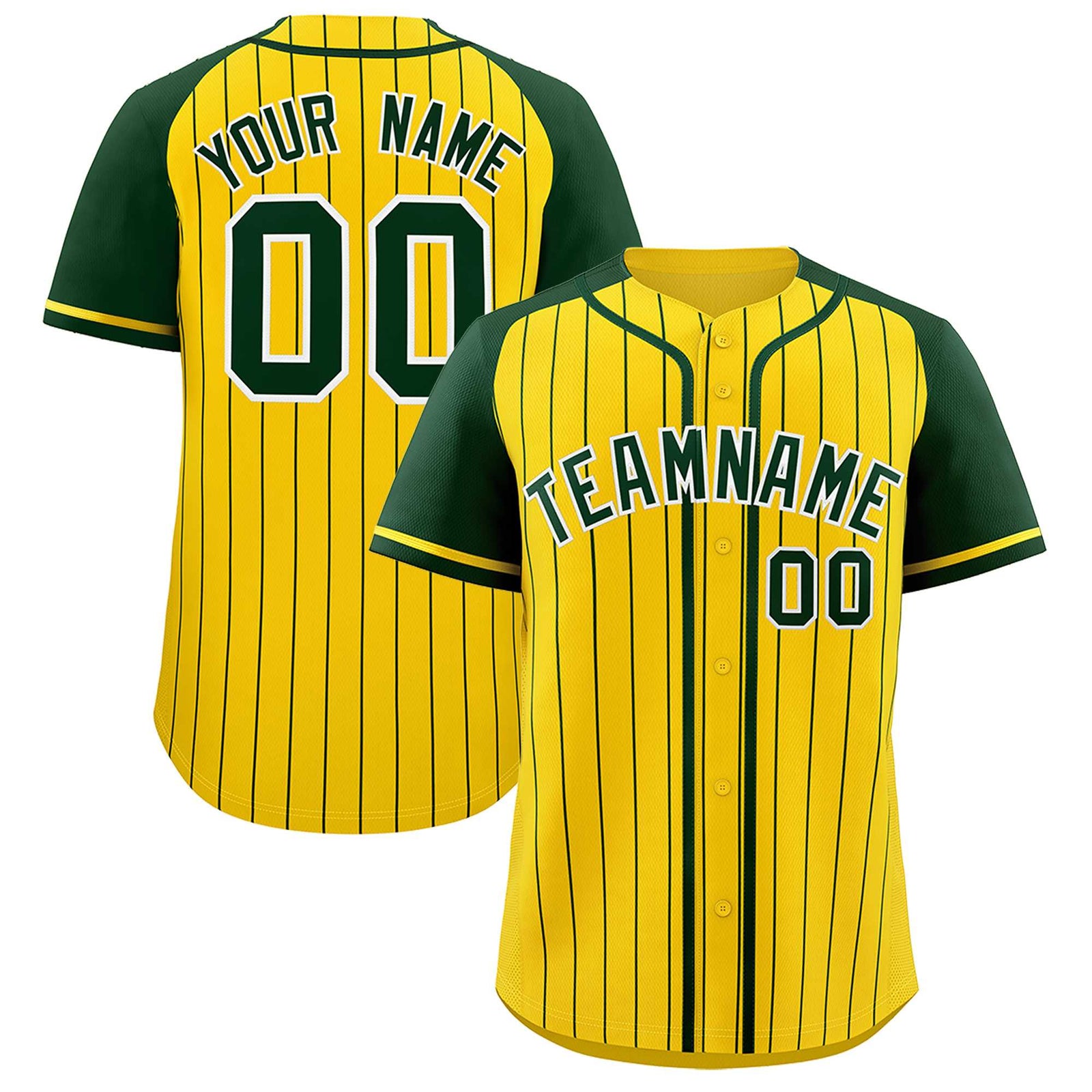 Custom Gold Green Stripe Fashion Raglan Sleeves Authentic Baseball Jersey