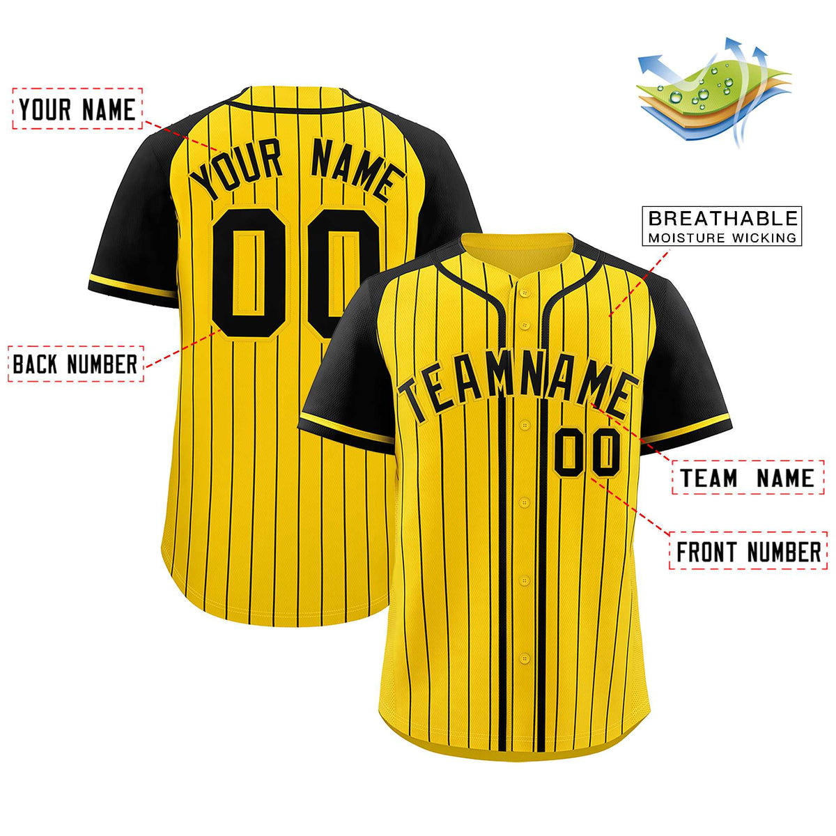 Custom Gold Black Stripe Fashion Raglan Sleeves Authentic Baseball Jersey