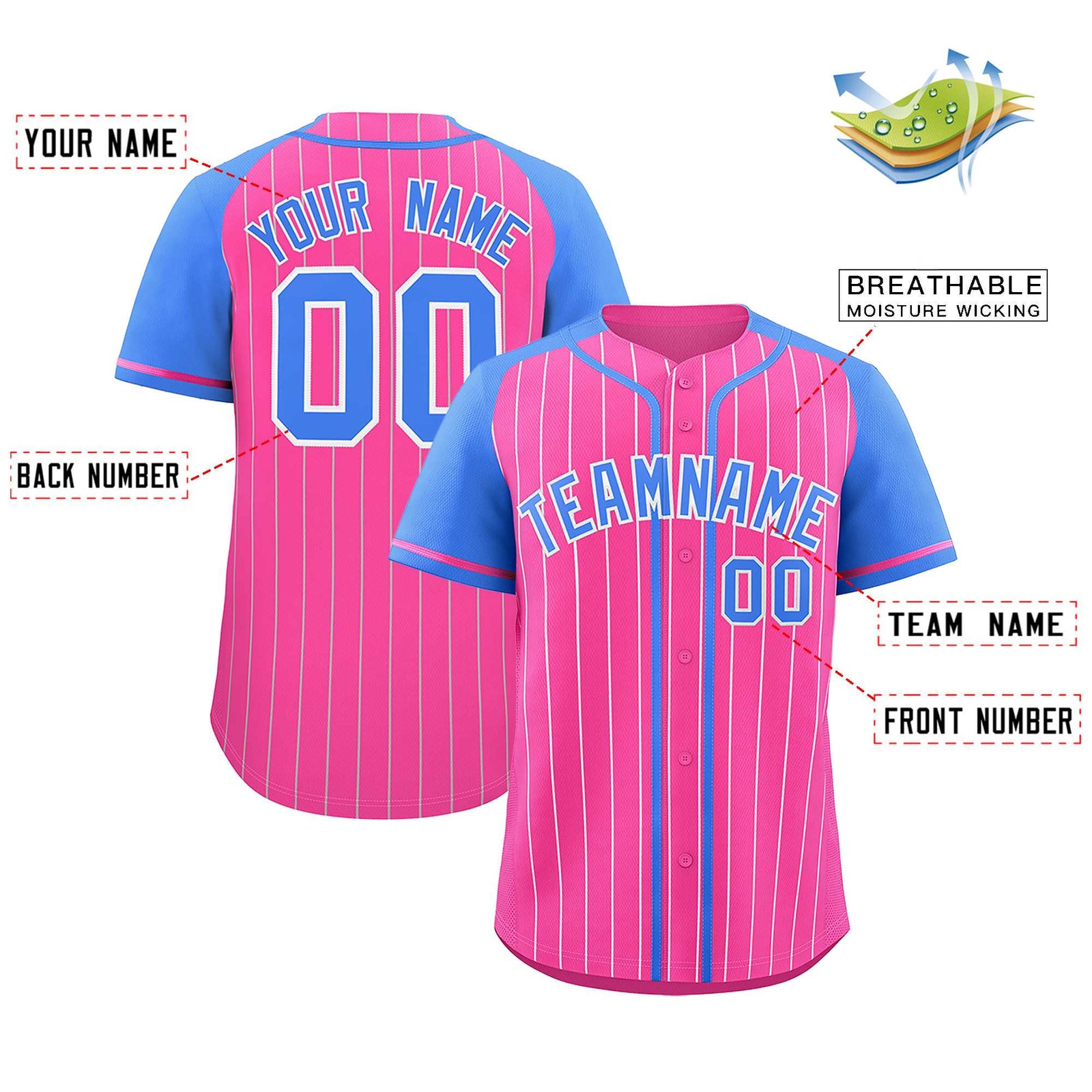Custom Pink Powder Blue Stripe Fashion Raglan Sleeves Authentic Baseball Jersey