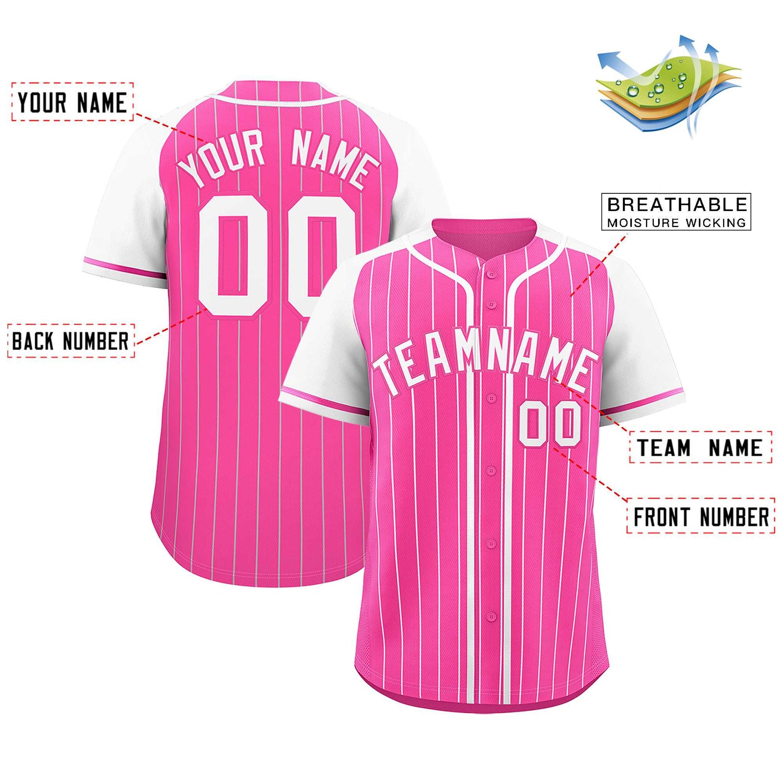 Custom Pink White Stripe Fashion Raglan Sleeves Authentic Baseball Jersey