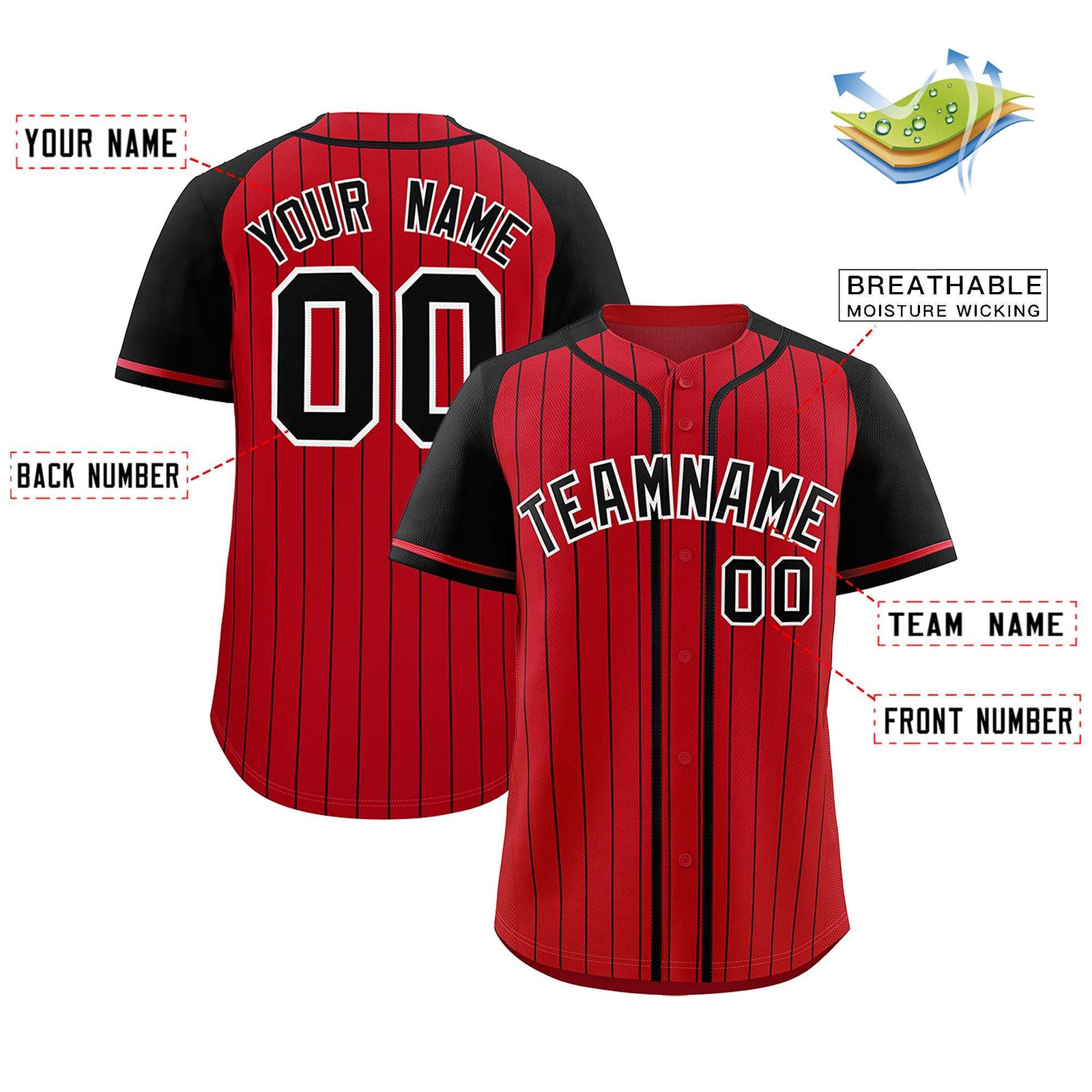 Custom Red Black Stripe Fashion Raglan Sleeves Authentic Baseball Jersey