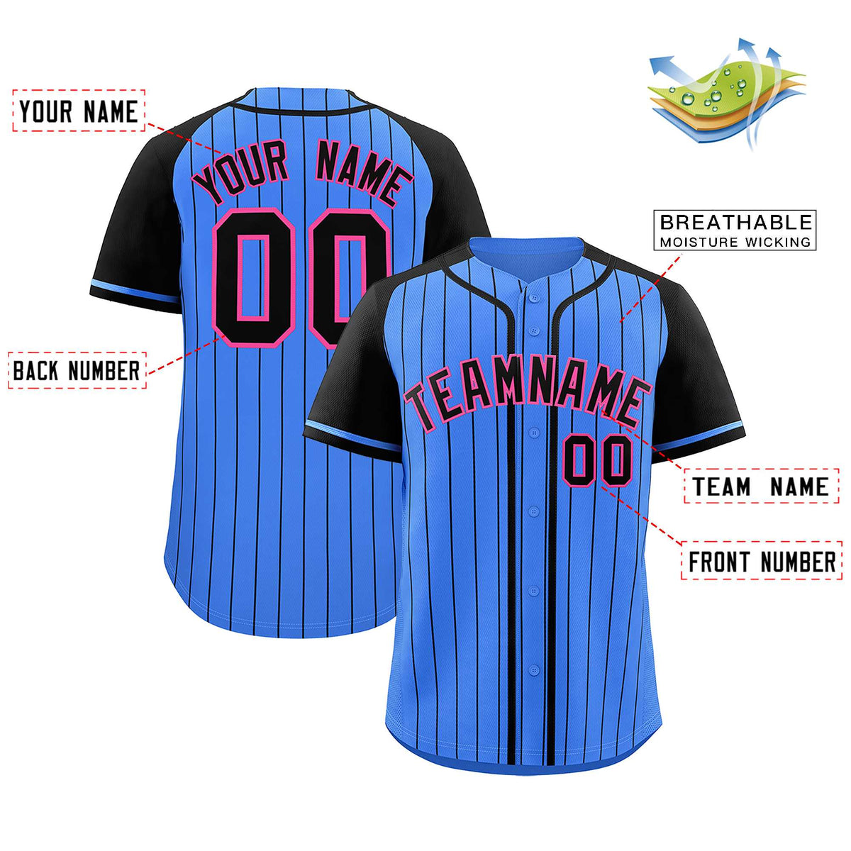 Custom Powder Blue Black Stripe Fashion Raglan Sleeves Authentic Baseball Jersey