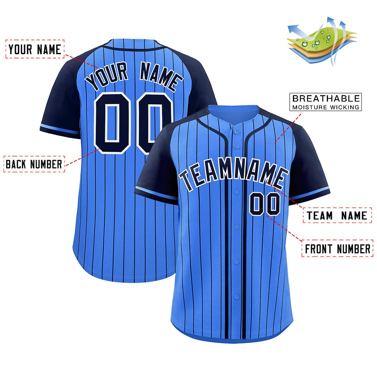 Custom Powder Blue Navy Stripe Fashion Raglan Sleeves Authentic Baseball Jersey