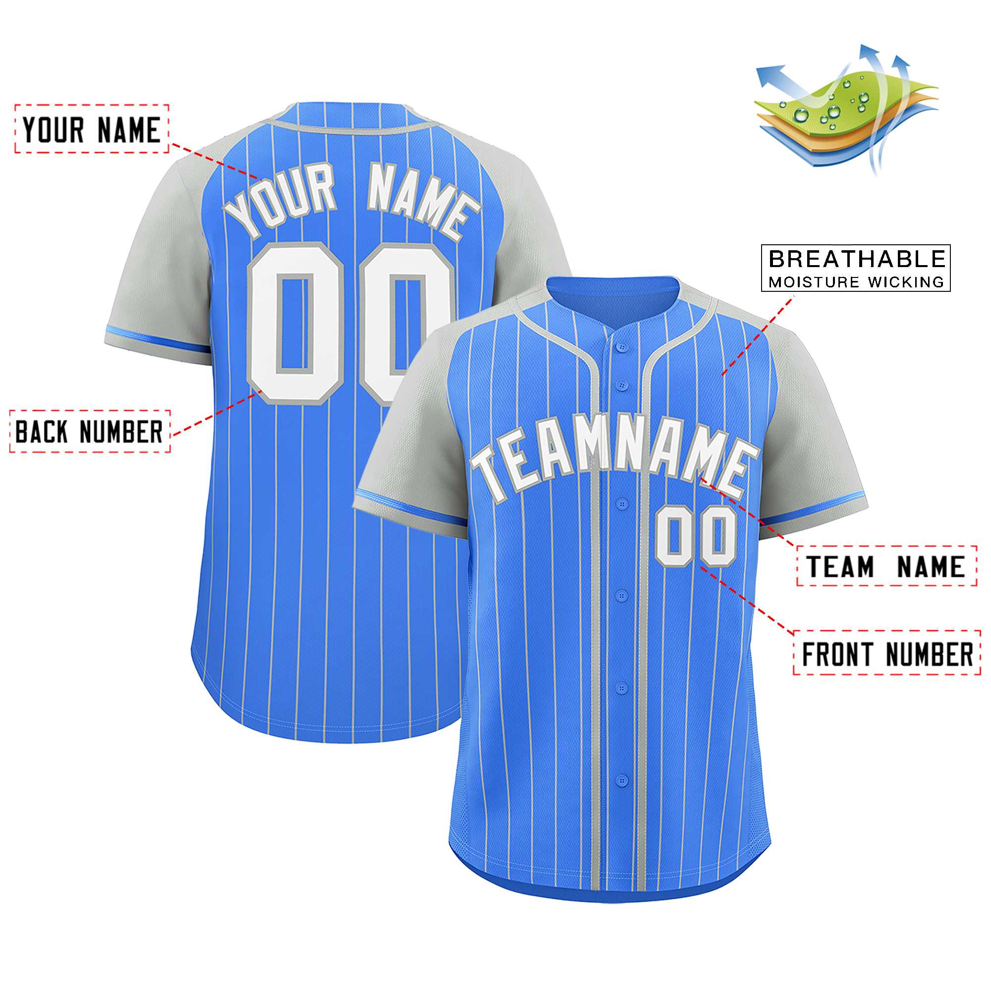 Custom Powder Blue Gray Stripe Fashion Raglan Sleeves Authentic Baseball Jersey