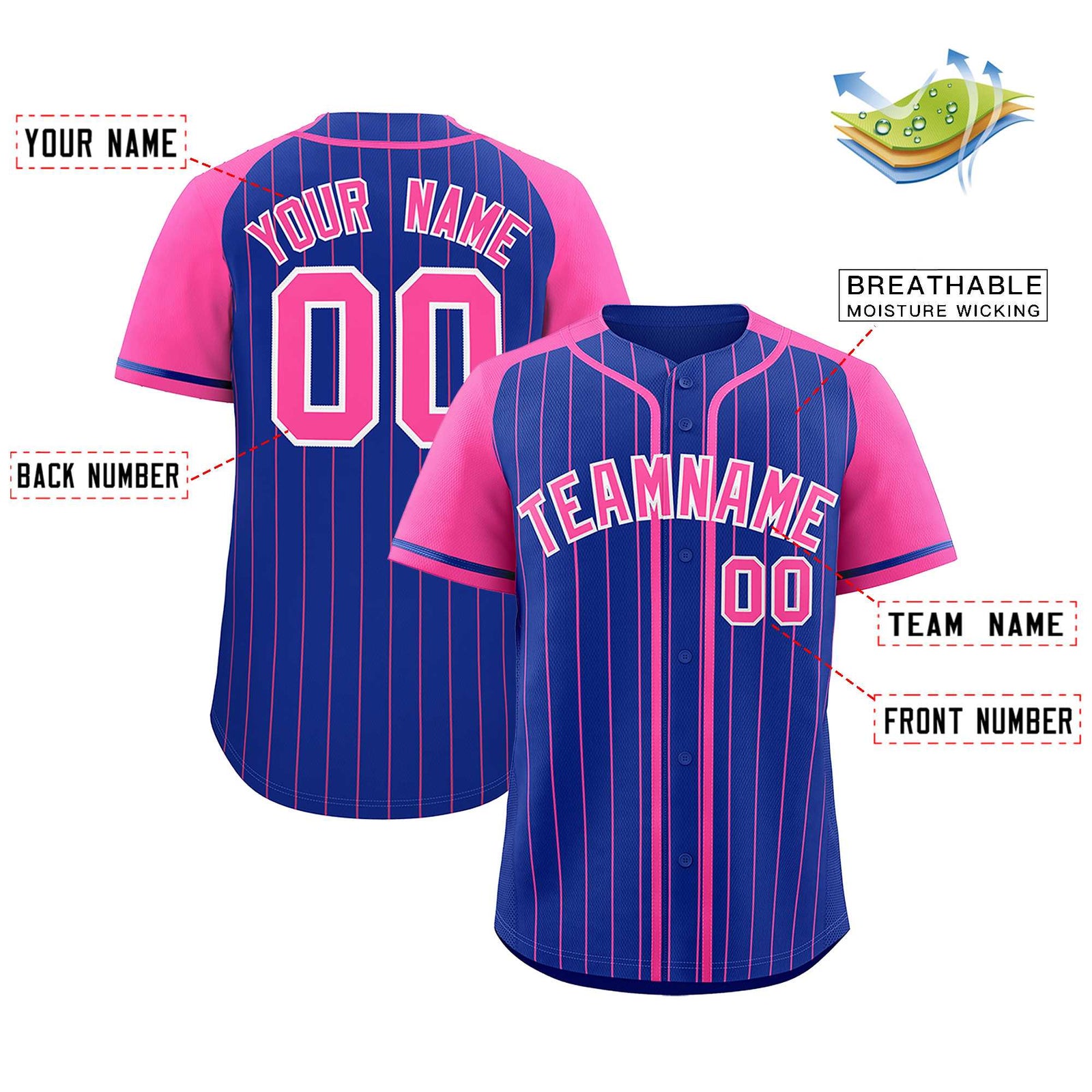 Custom Royal Pink Stripe Fashion Raglan Sleeves Authentic Baseball Jersey