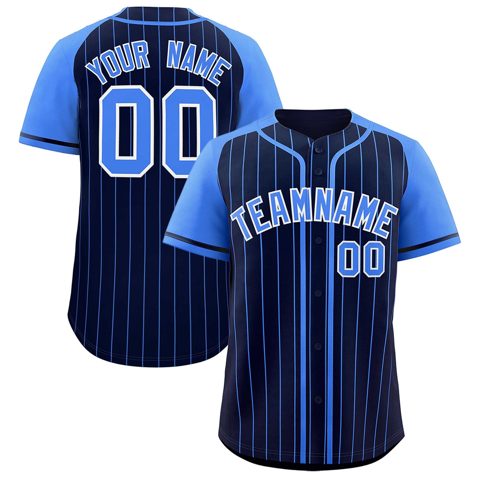 Custom Navy Powder Blue Stripe Fashion Raglan Sleeves Authentic Baseball Jersey