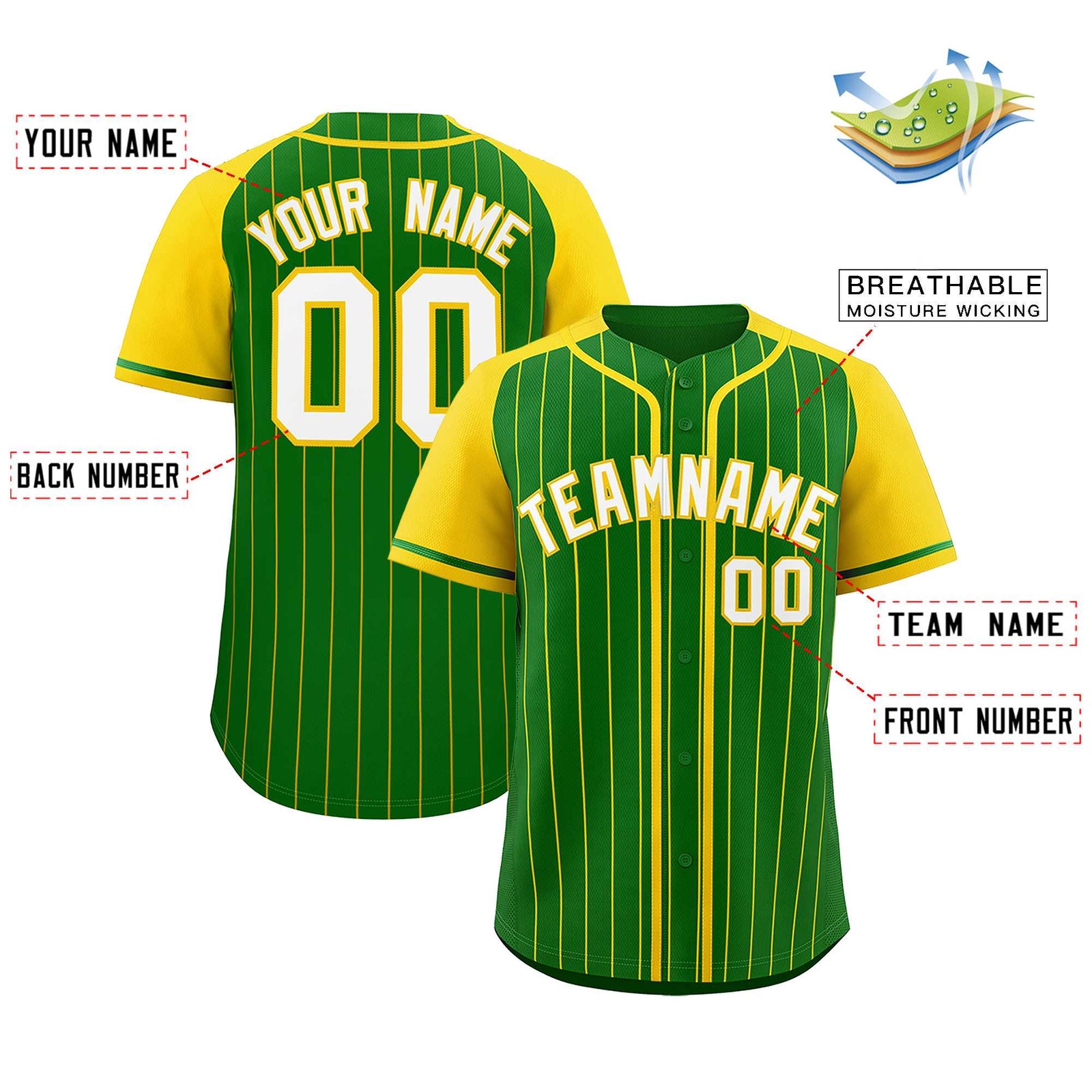 Custom Kelly Green Gold Stripe Fashion Raglan Sleeves Authentic Baseball Jersey