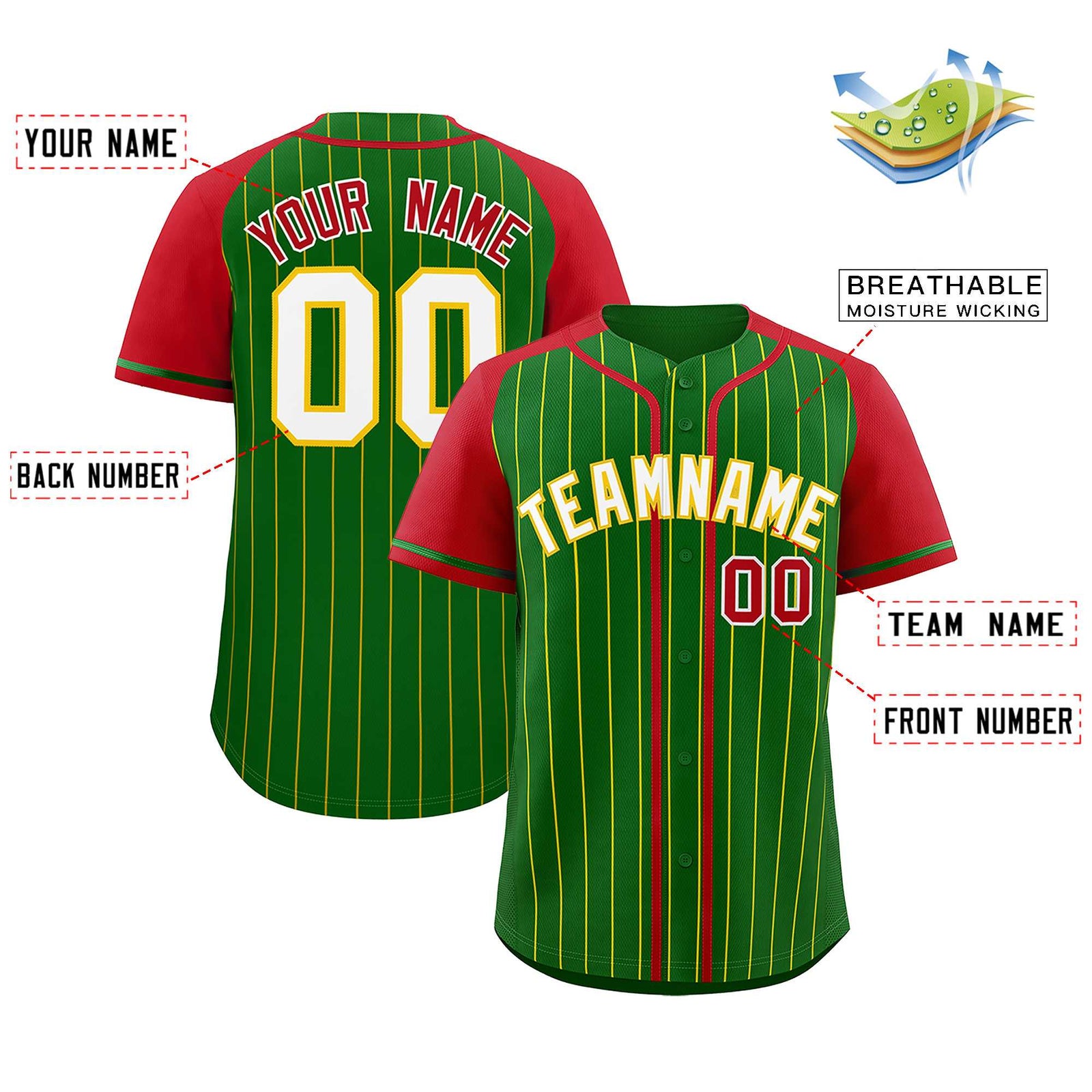 Custom Kelly Green Red Stripe Fashion Raglan Sleeves Authentic Baseball Jersey