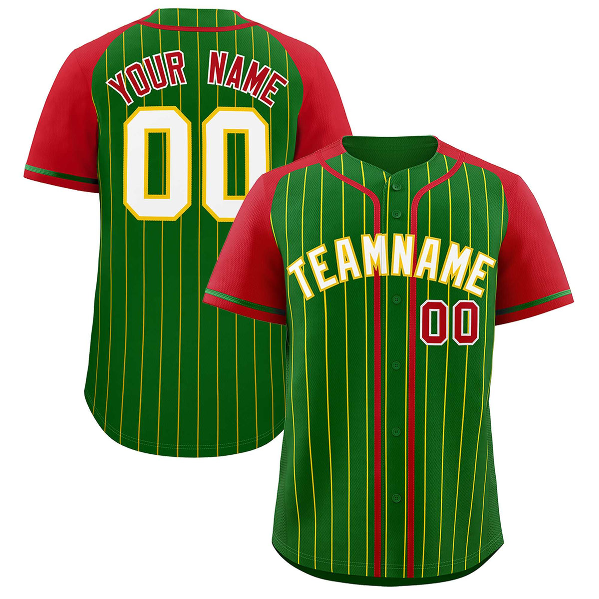 Custom Kelly Green Red Stripe Fashion Raglan Sleeves Authentic Baseball Jersey